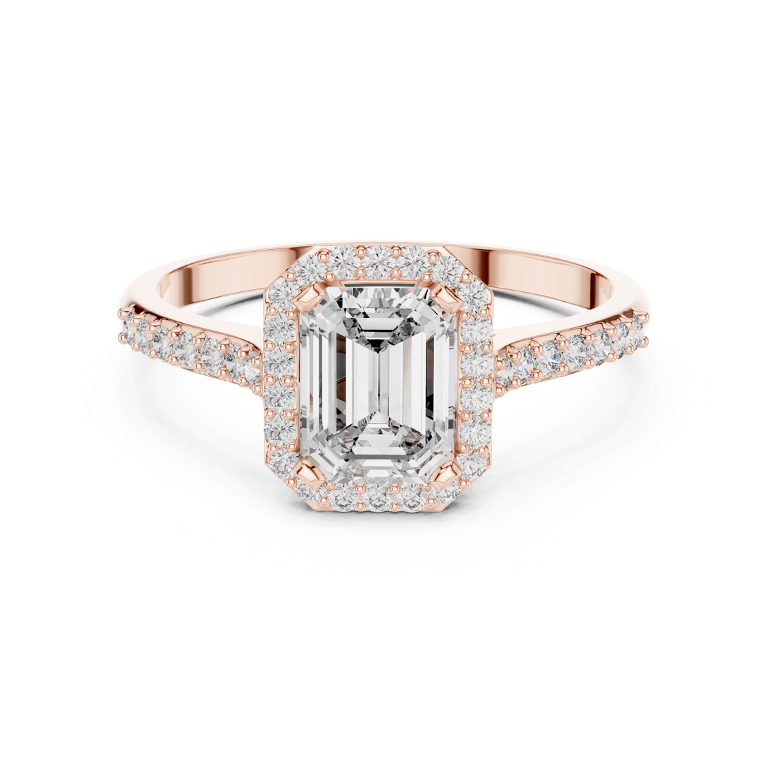 Classic Emerald Cut Diamond Engagement Ring with Halo and Side Stones