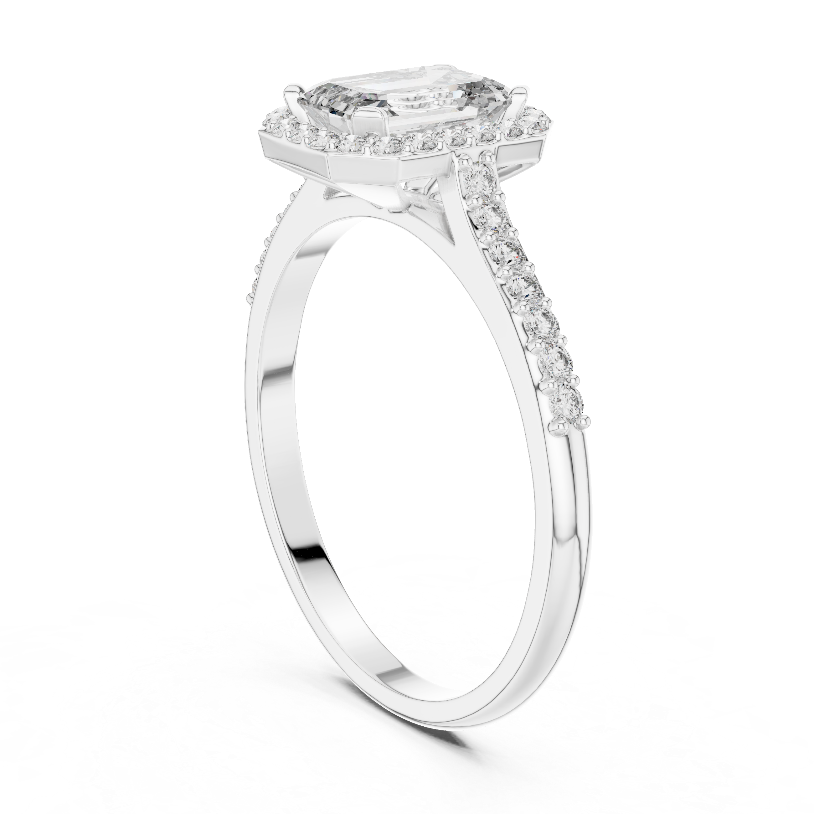 Classic Emerald Cut Diamond Engagement Ring with Halo and Side Stones