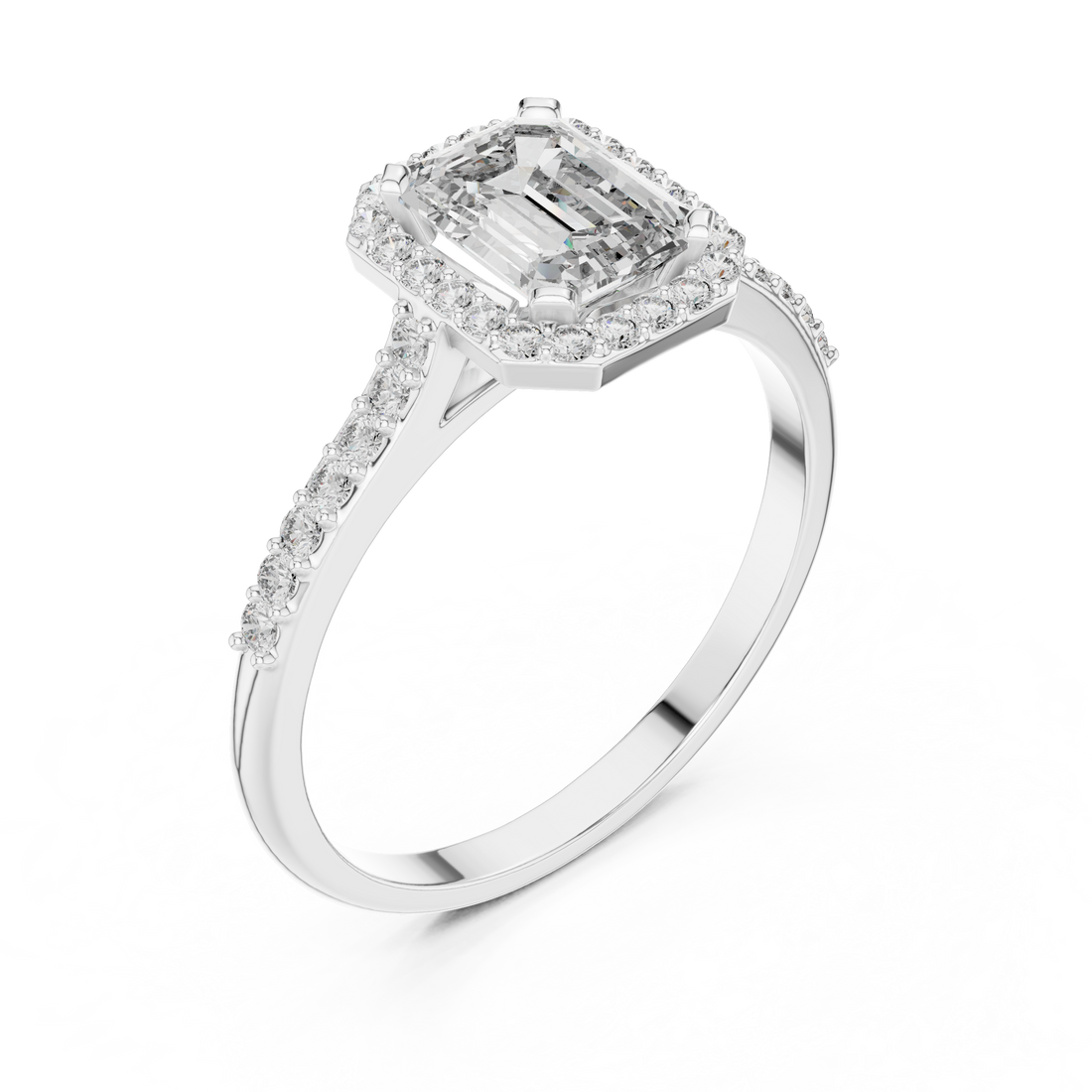 Classic Emerald Cut Diamond Engagement Ring with Halo and Side Stones