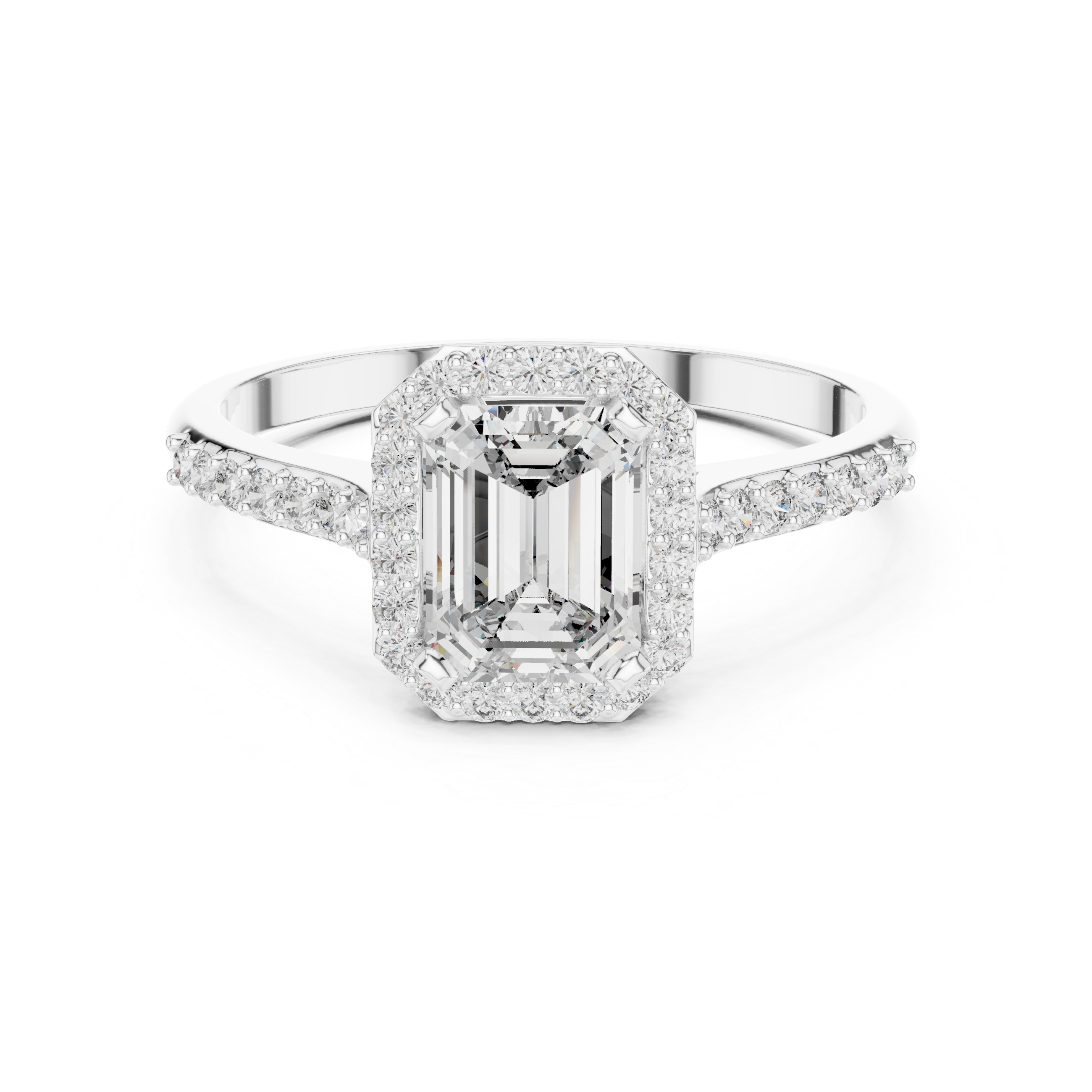Classic Emerald Cut Diamond Engagement Ring with Halo and Side Stones