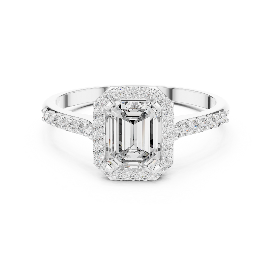 Classic Emerald Cut Diamond Engagement Ring with Halo and Side Stones