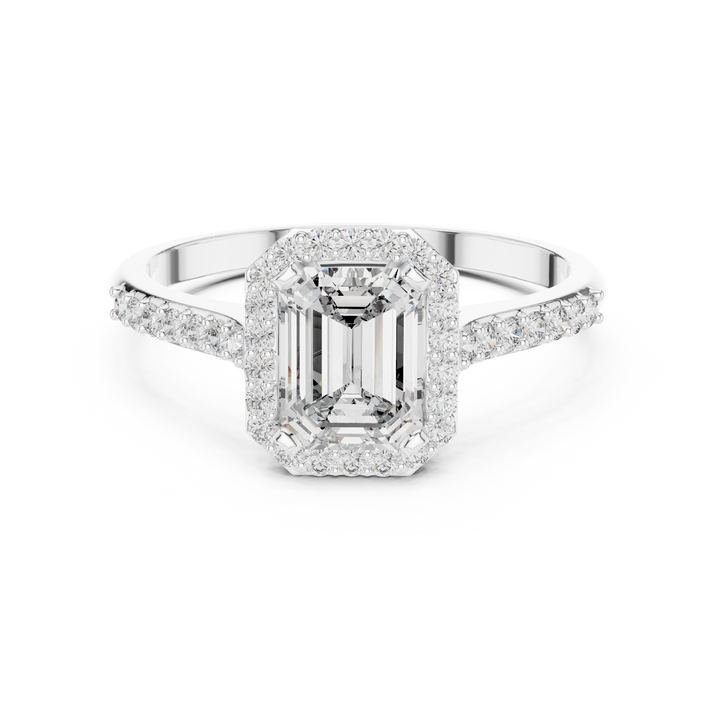 Classic Emerald Cut Diamond Engagement Ring with Halo and Side Stones
