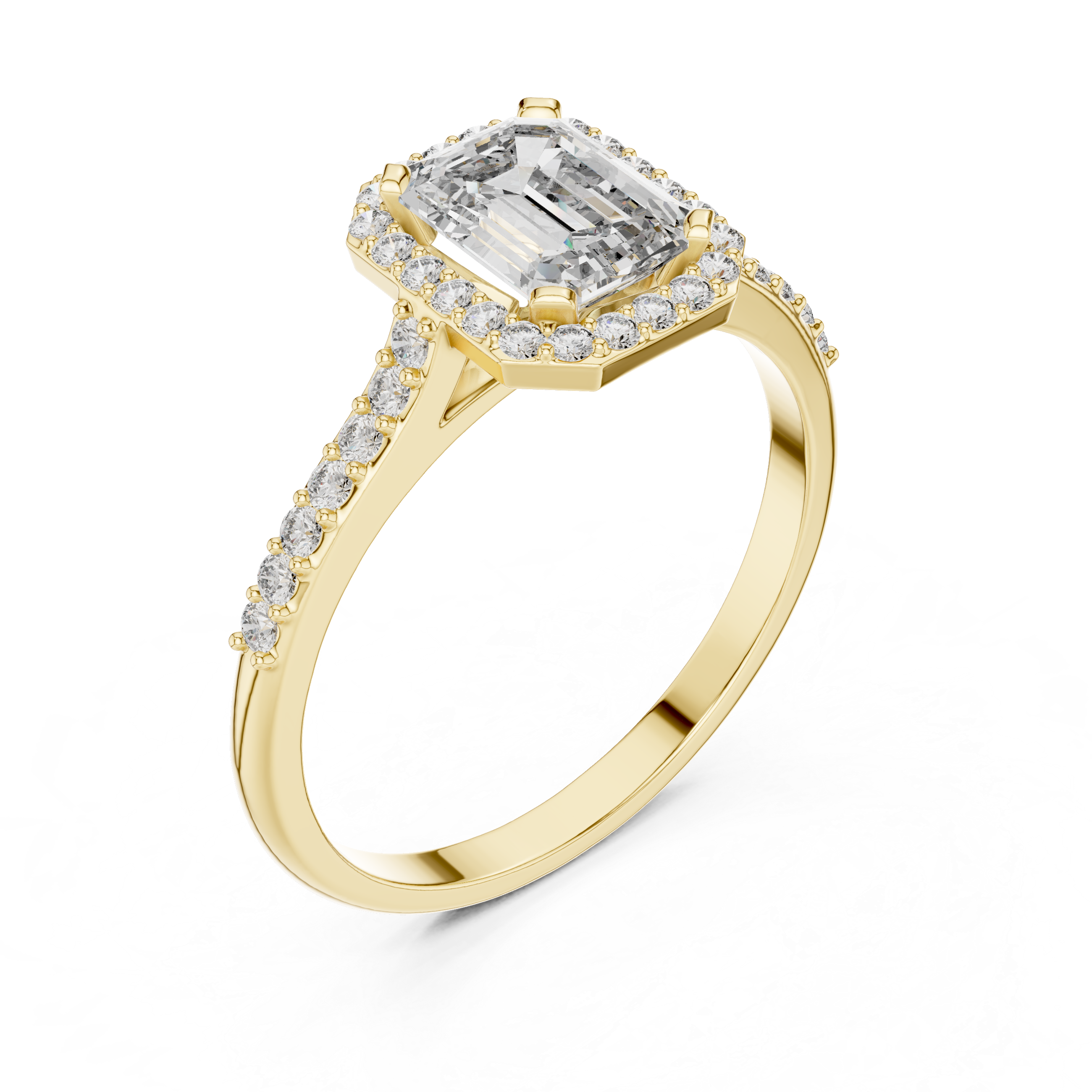 Classic Emerald Cut Diamond Engagement Ring with Halo and Side Stones