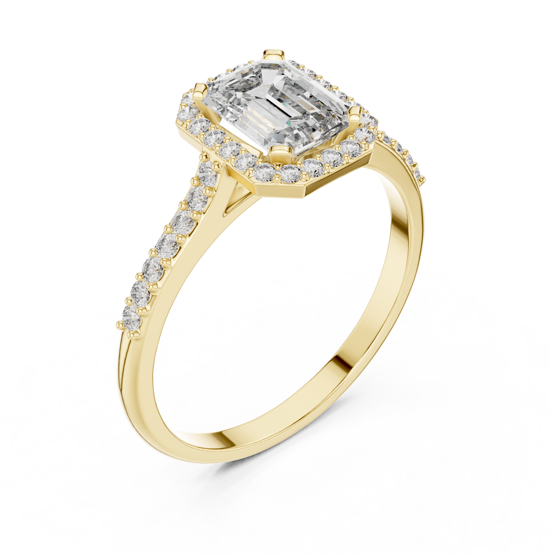 Classic Emerald Cut Diamond Engagement Ring with Halo and Side Stones