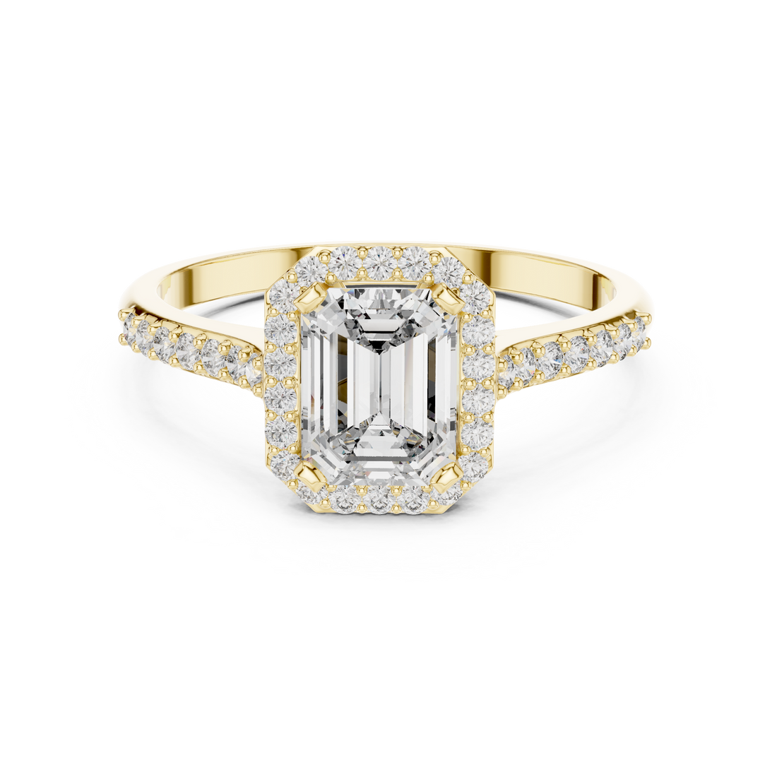 Classic Emerald Cut Diamond Engagement Ring with Halo and Side Stones