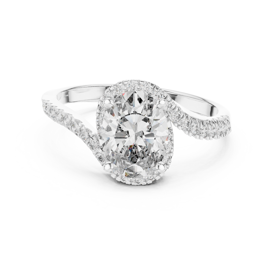 Stylish Oval Cut Diamond Halo Ring with Bypass Band – Bridal Jewelry