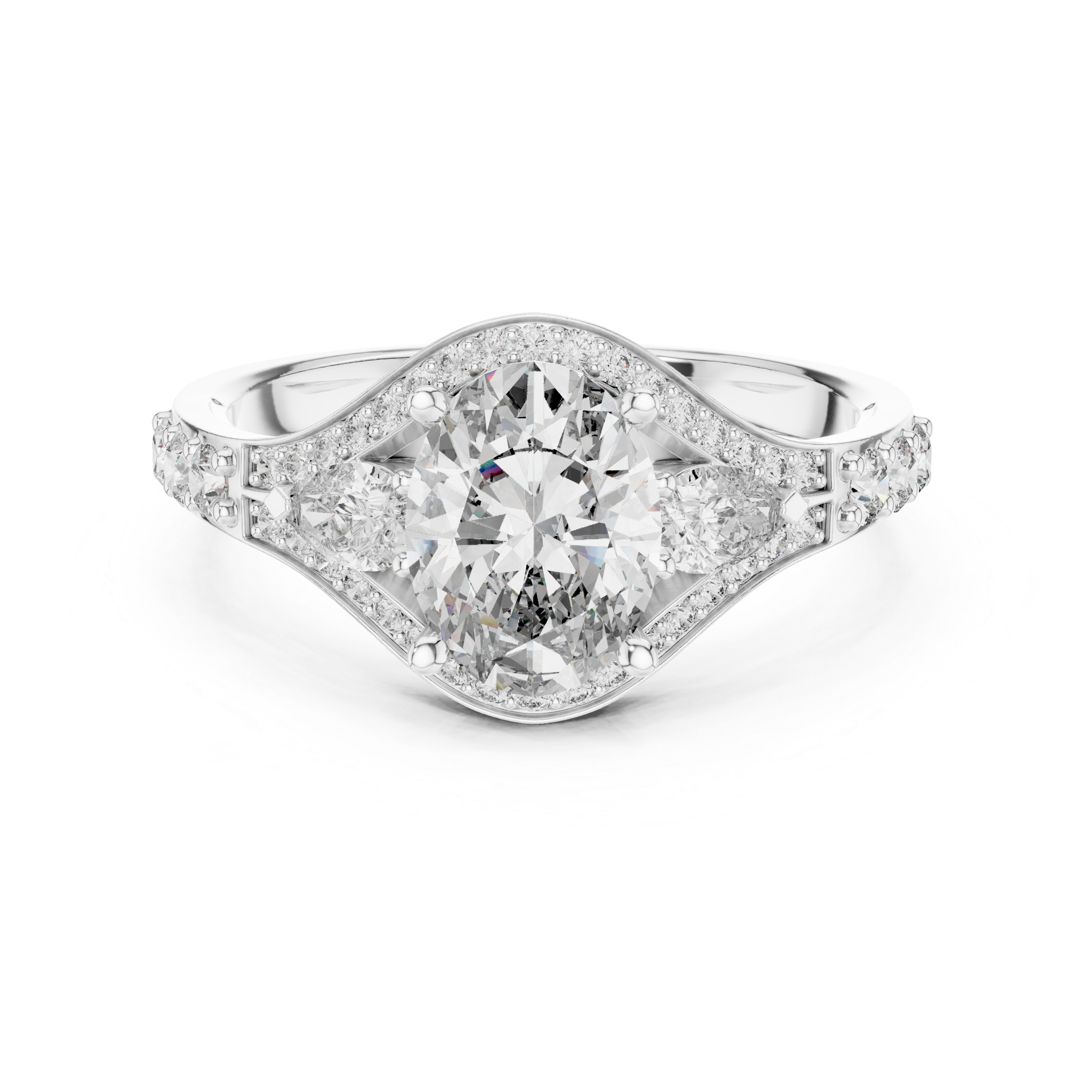 Stunning Oval Cut Diamond Ring with Halo & Detailed Side Accents
