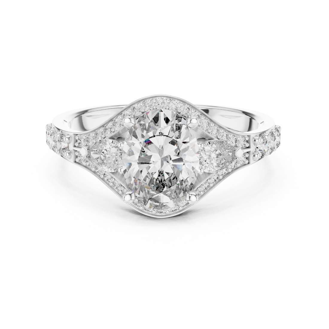 Stunning Oval Cut Diamond Ring with Halo & Detailed Side Accents