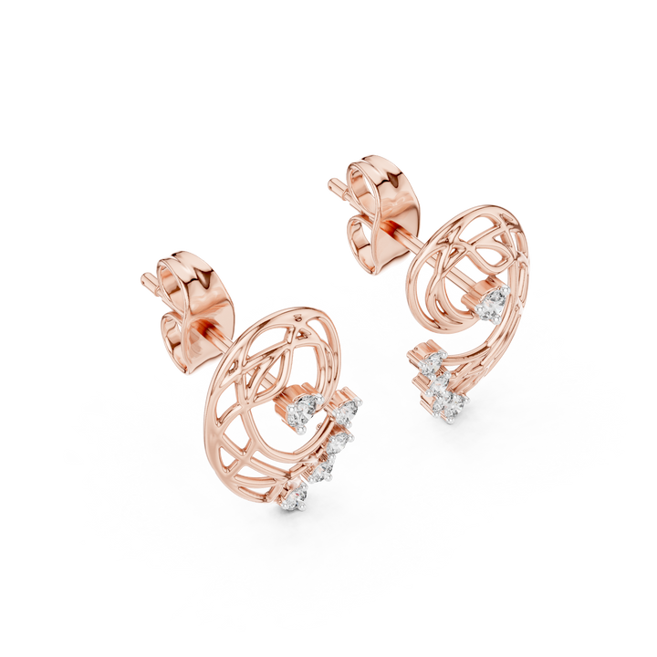 Rose Gold Diamond Stud Earrings, Modern Designer Open Circle Earrings for Women