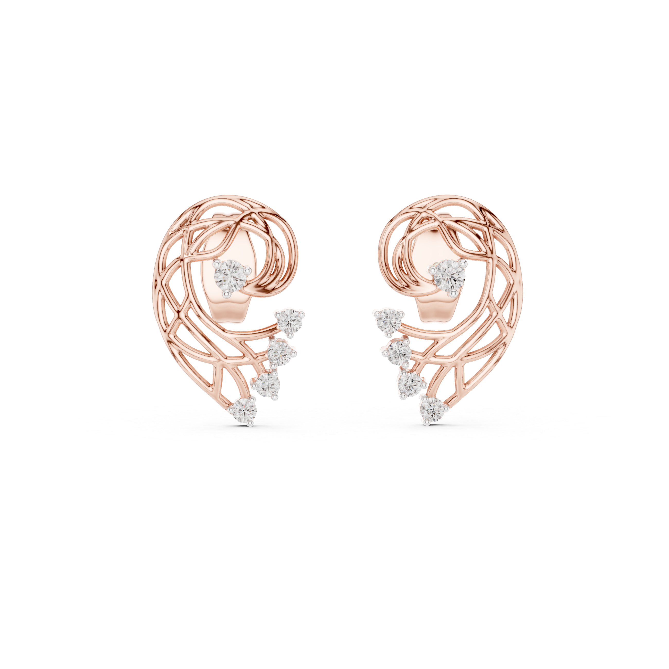 Rose Gold Diamond Stud Earrings, Modern Designer Open Circle Earrings for Women