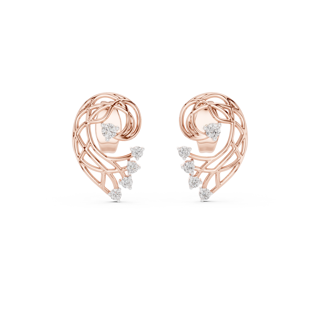 Rose Gold Diamond Stud Earrings, Modern Designer Open Circle Earrings for Women