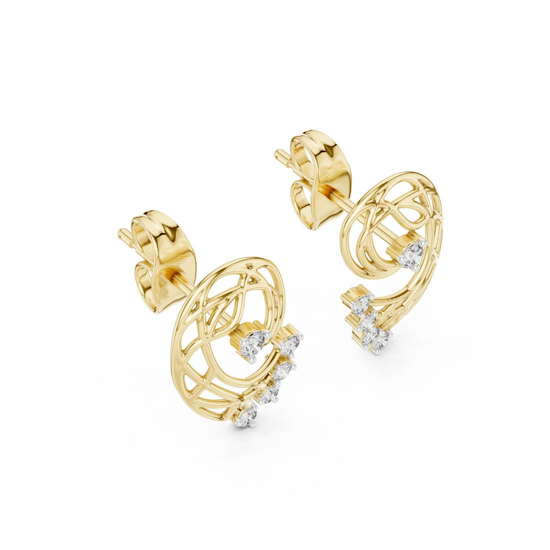 Rose Gold Diamond Stud Earrings, Modern Designer Open Circle Earrings for Women