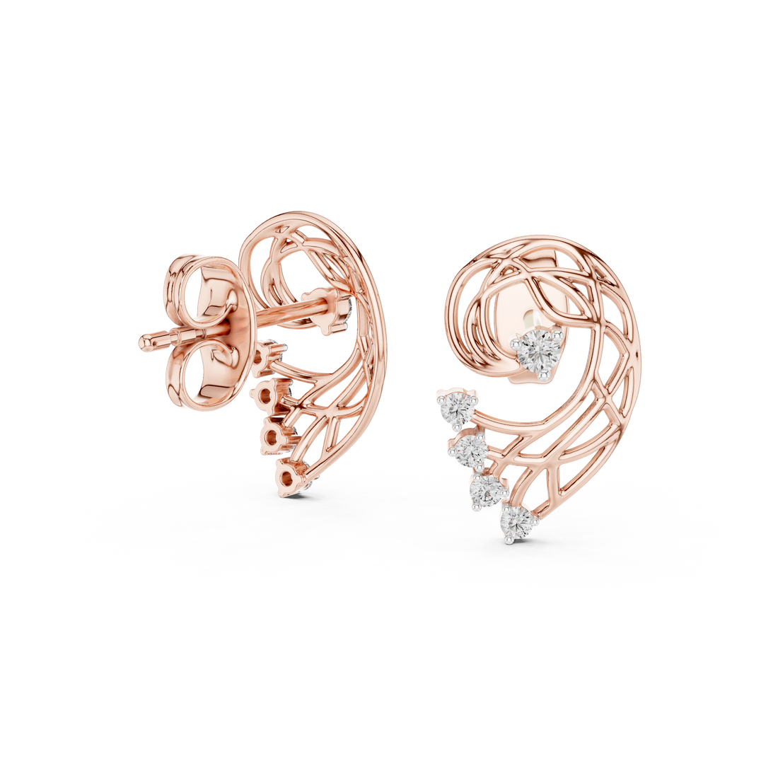 Rose Gold Diamond Stud Earrings, Modern Designer Open Circle Earrings for Women