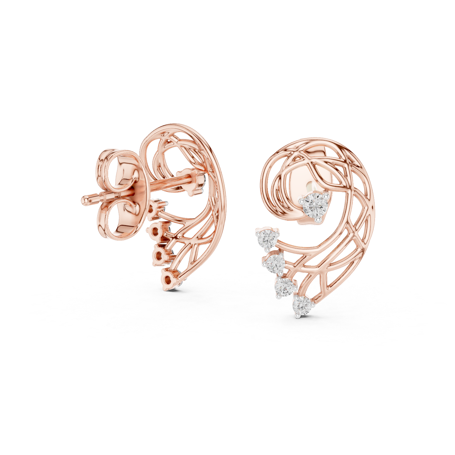 Rose Gold Diamond Stud Earrings, Modern Designer Open Circle Earrings for Women