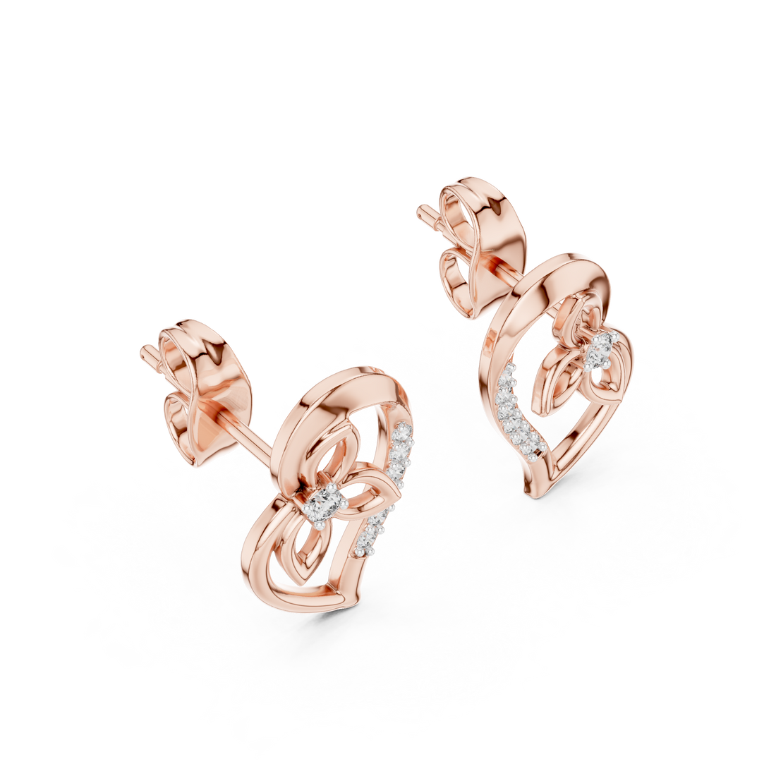 Luxury Open Heart Diamond Earrings in Rose Gold – Floral Inspired Design with Brilliant Pavé Setting