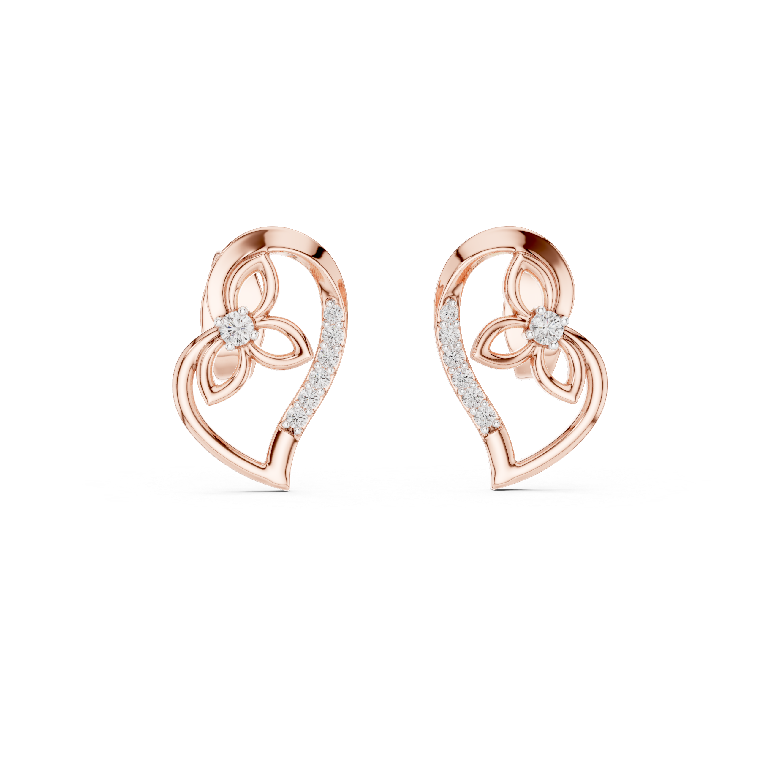 Luxury Open Heart Diamond Earrings in Rose Gold – Floral Inspired Design with Brilliant Pavé Setting