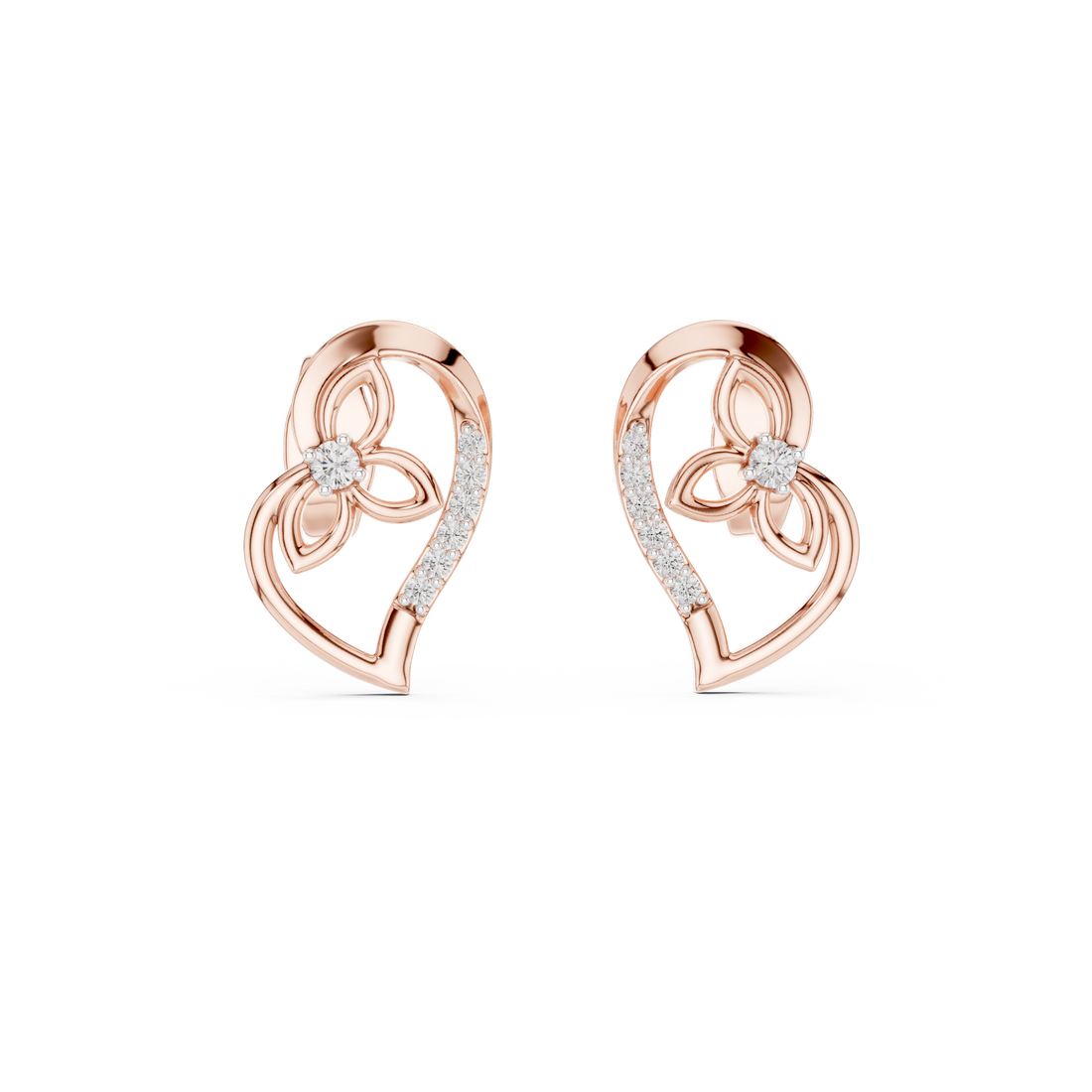 Luxury Open Heart Diamond Earrings in Rose Gold – Floral Inspired Design with Brilliant Pavé Setting