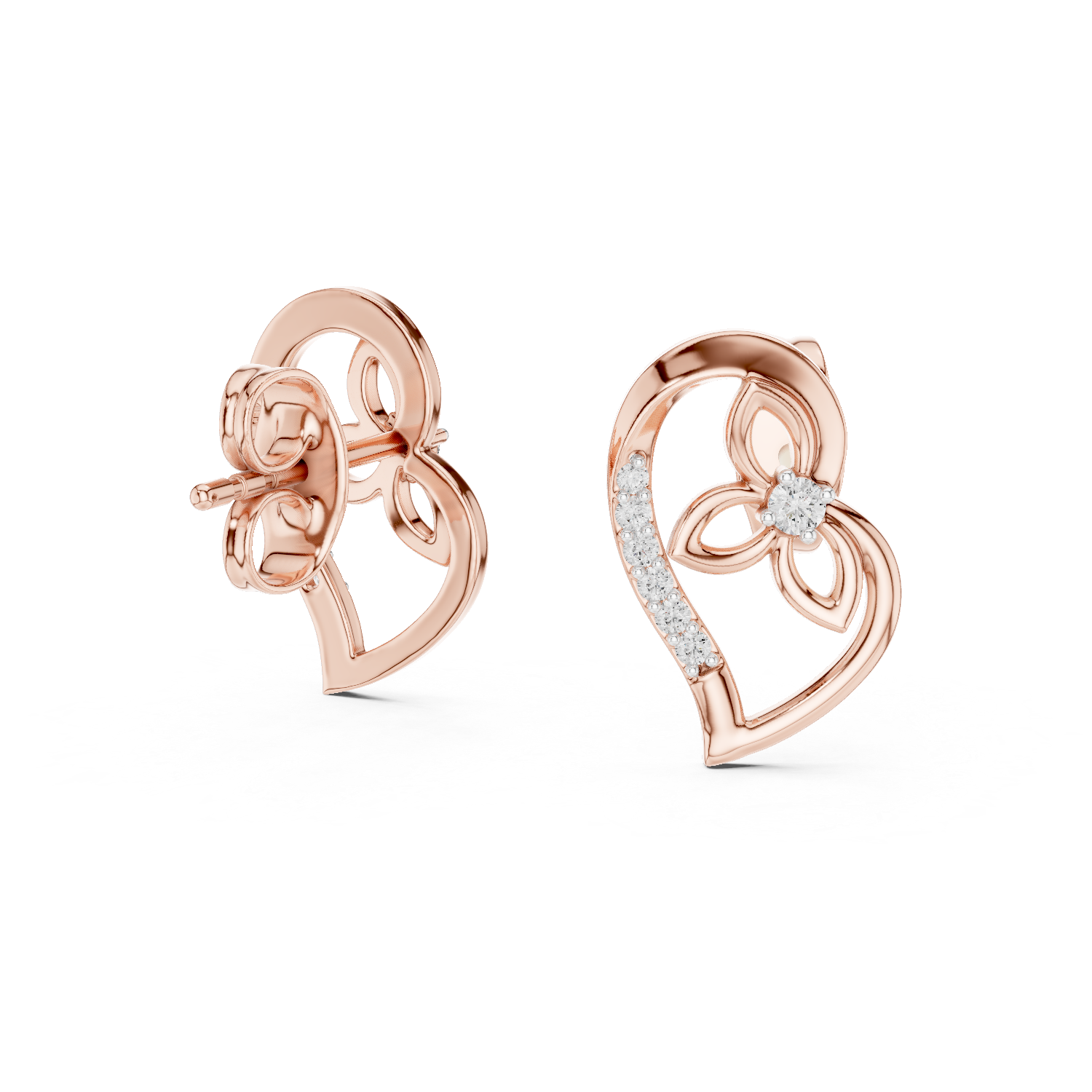 Luxury Open Heart Diamond Earrings in Rose Gold – Floral Inspired Design with Brilliant Pavé Setting