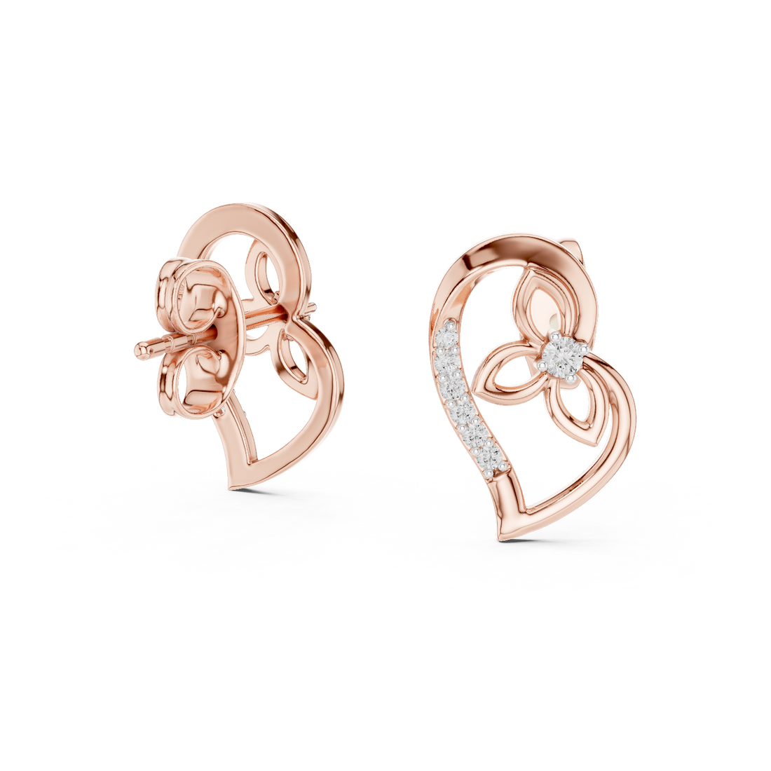 Luxury Open Heart Diamond Earrings in Rose Gold – Floral Inspired Design with Brilliant Pavé Setting