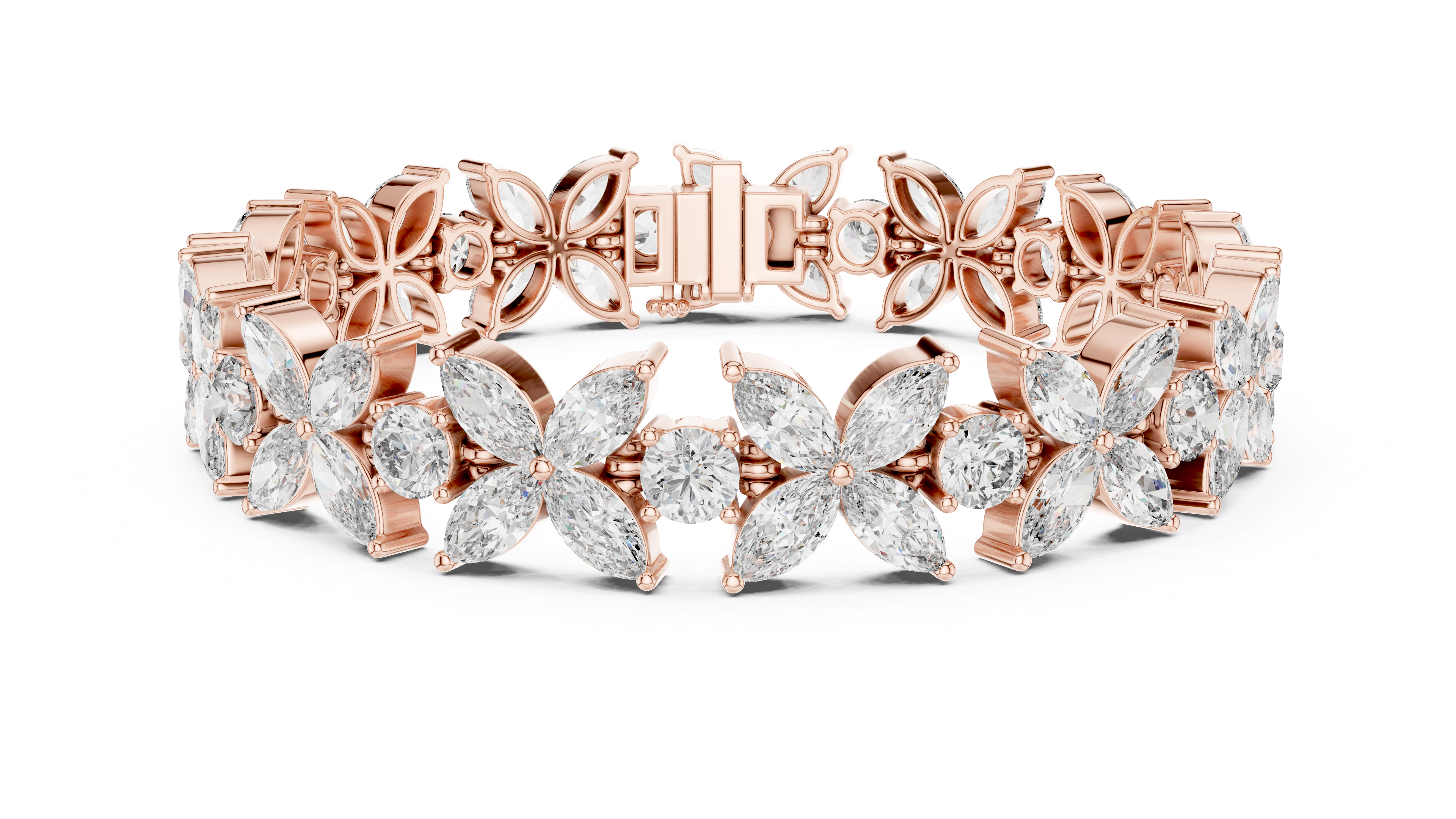Diamond Flower Bracelet | Marquise & Round Cut in Rose Gold | Designer Luxury Jewelry