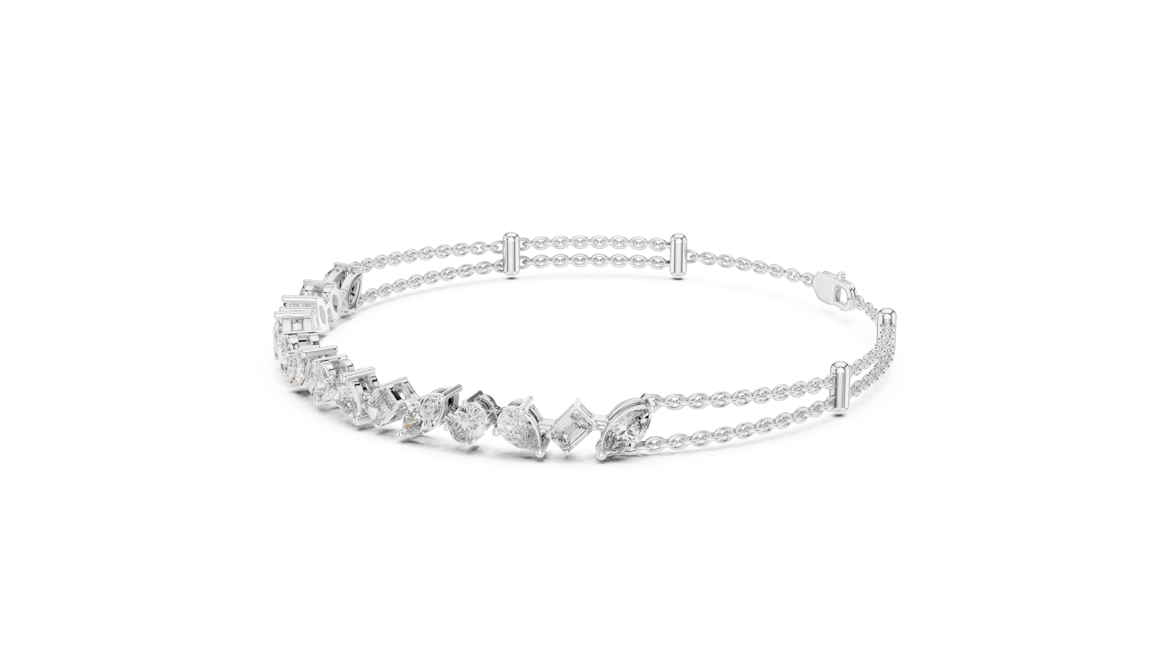 Elegant Diamond Chain Bracelet in White Gold | Multi Layer Mixed Shape Diamond Bracelet for Women