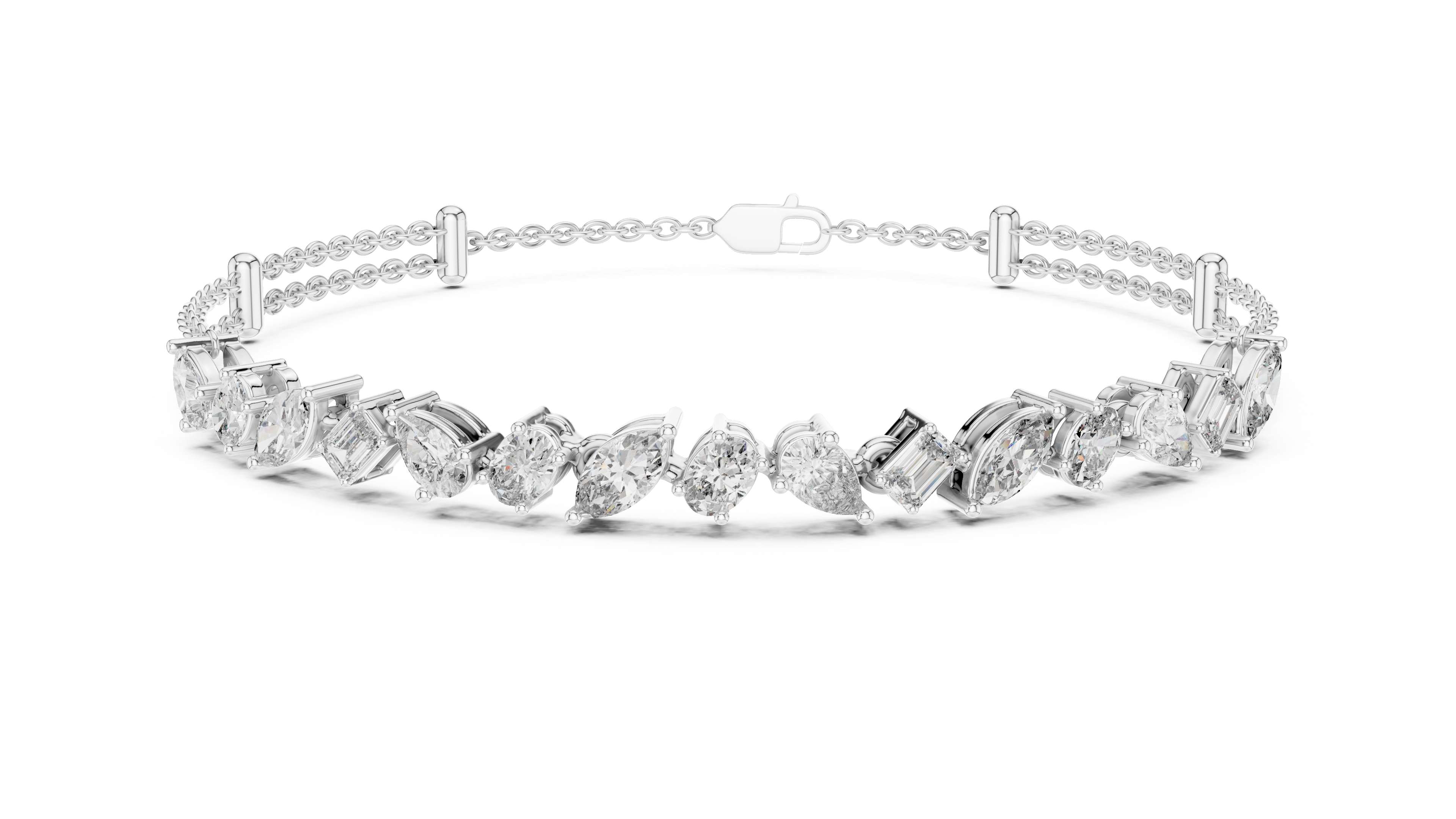 Elegant Diamond Chain Bracelet in White Gold | Multi Layer Mixed Shape Diamond Bracelet for Women
