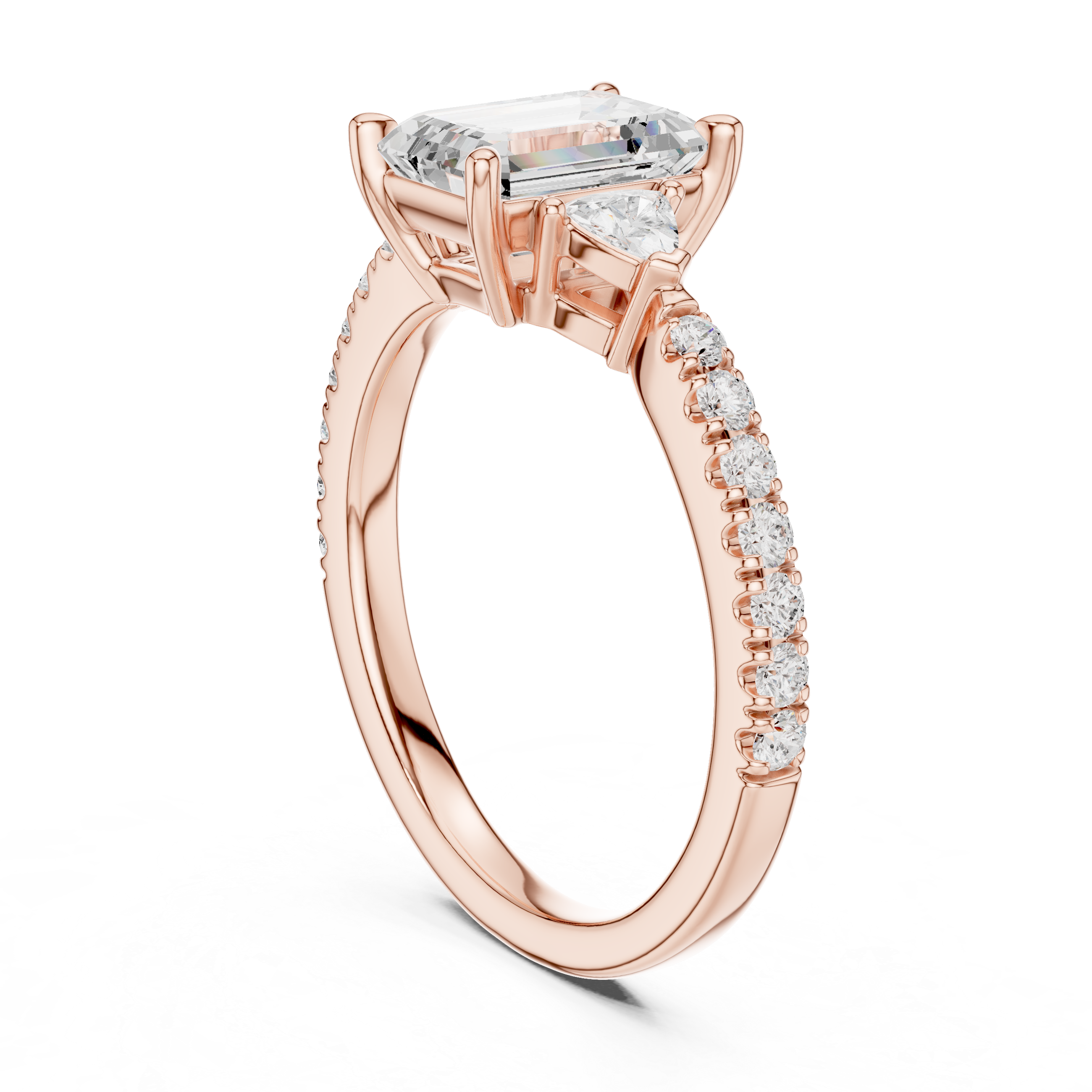 Emerald Cut Three Stone Diamond Ring |Trillion Side Stone Engagement Ring