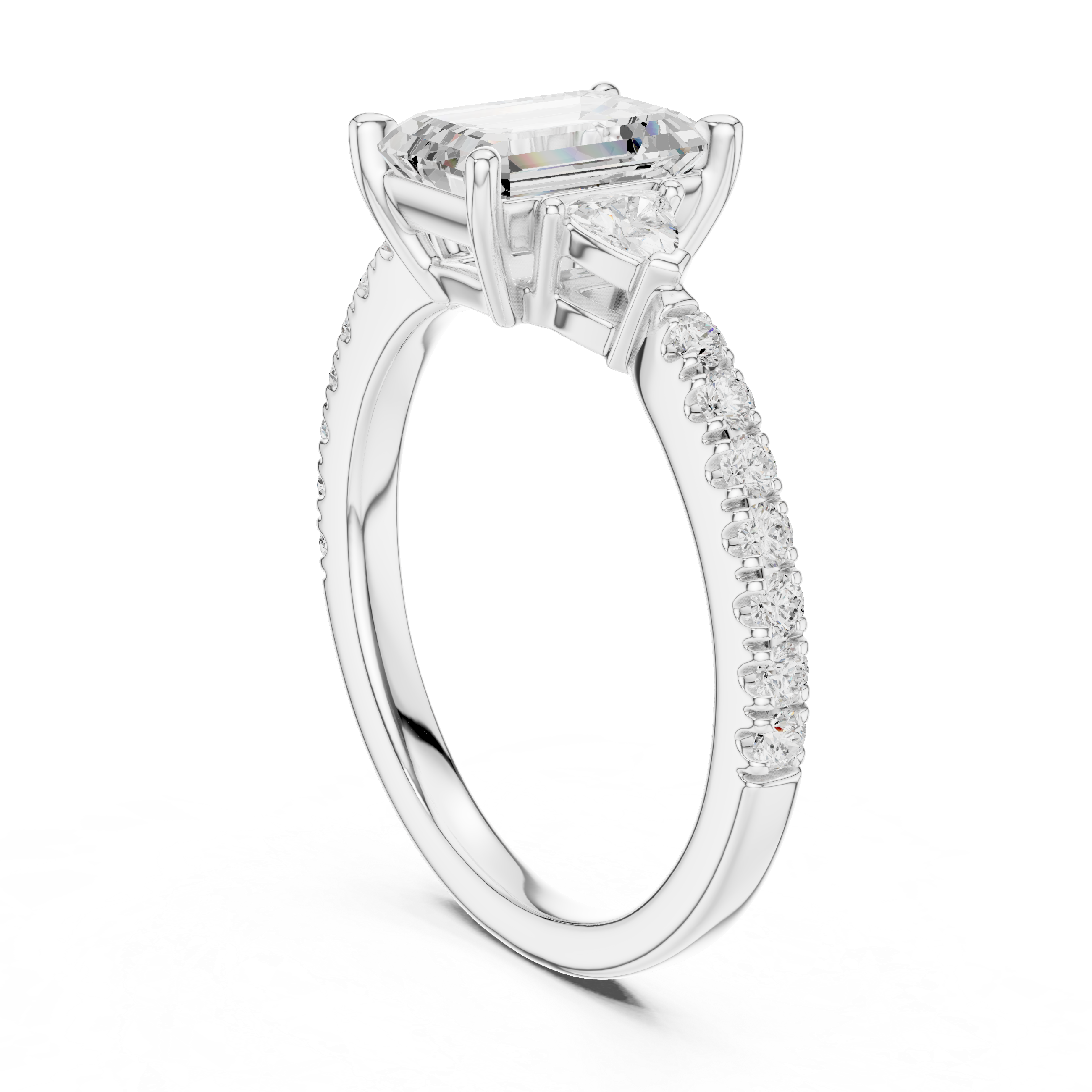 Emerald Cut Three Stone Diamond Ring |Trillion Side Stone Engagement Ring