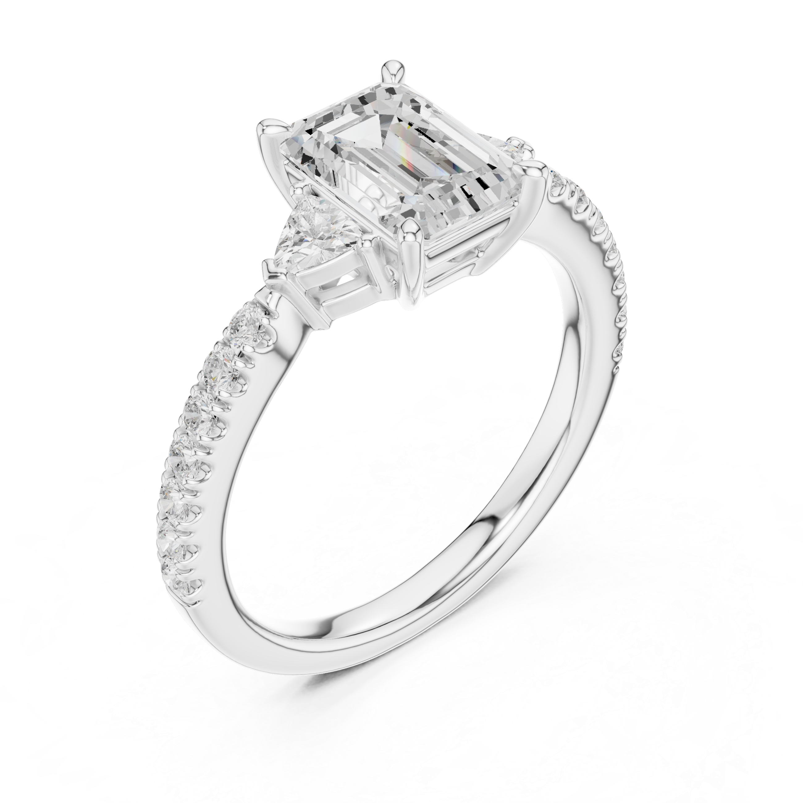 Emerald Cut Three Stone Diamond Ring |Trillion Side Stone Engagement Ring