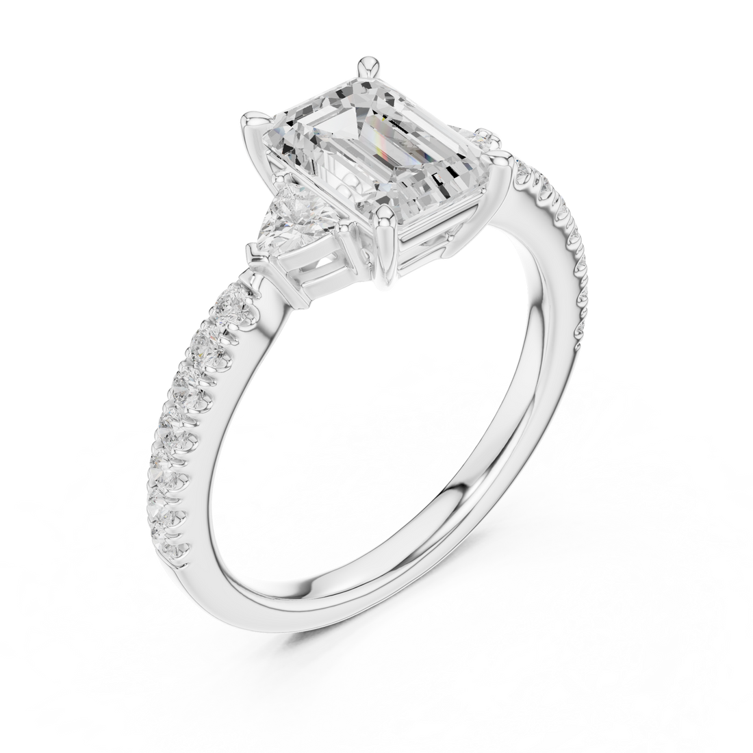 Emerald Cut Three Stone Diamond Ring |Trillion Side Stone Engagement Ring