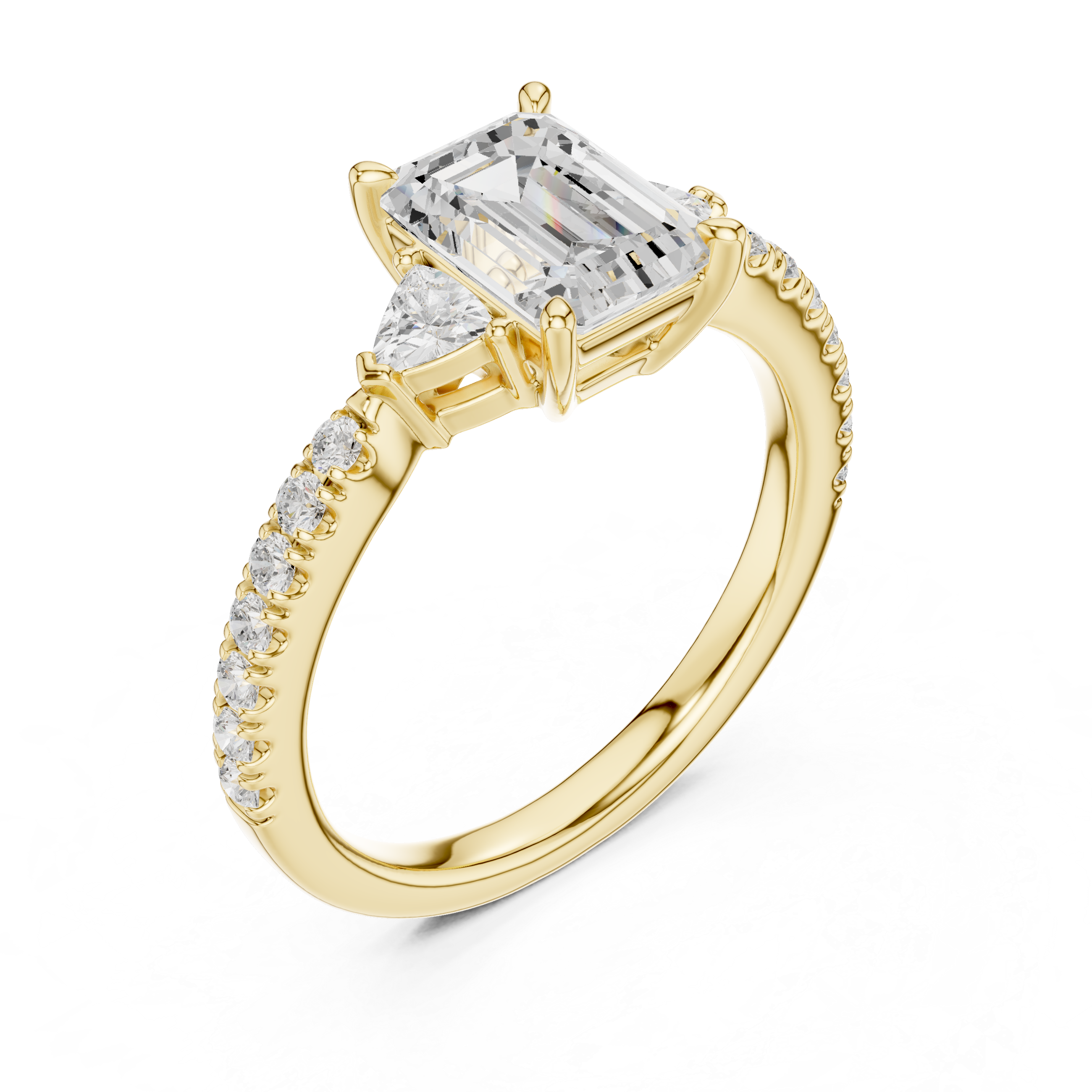 Emerald Cut Three Stone Diamond Ring |Trillion Side Stone Engagement Ring