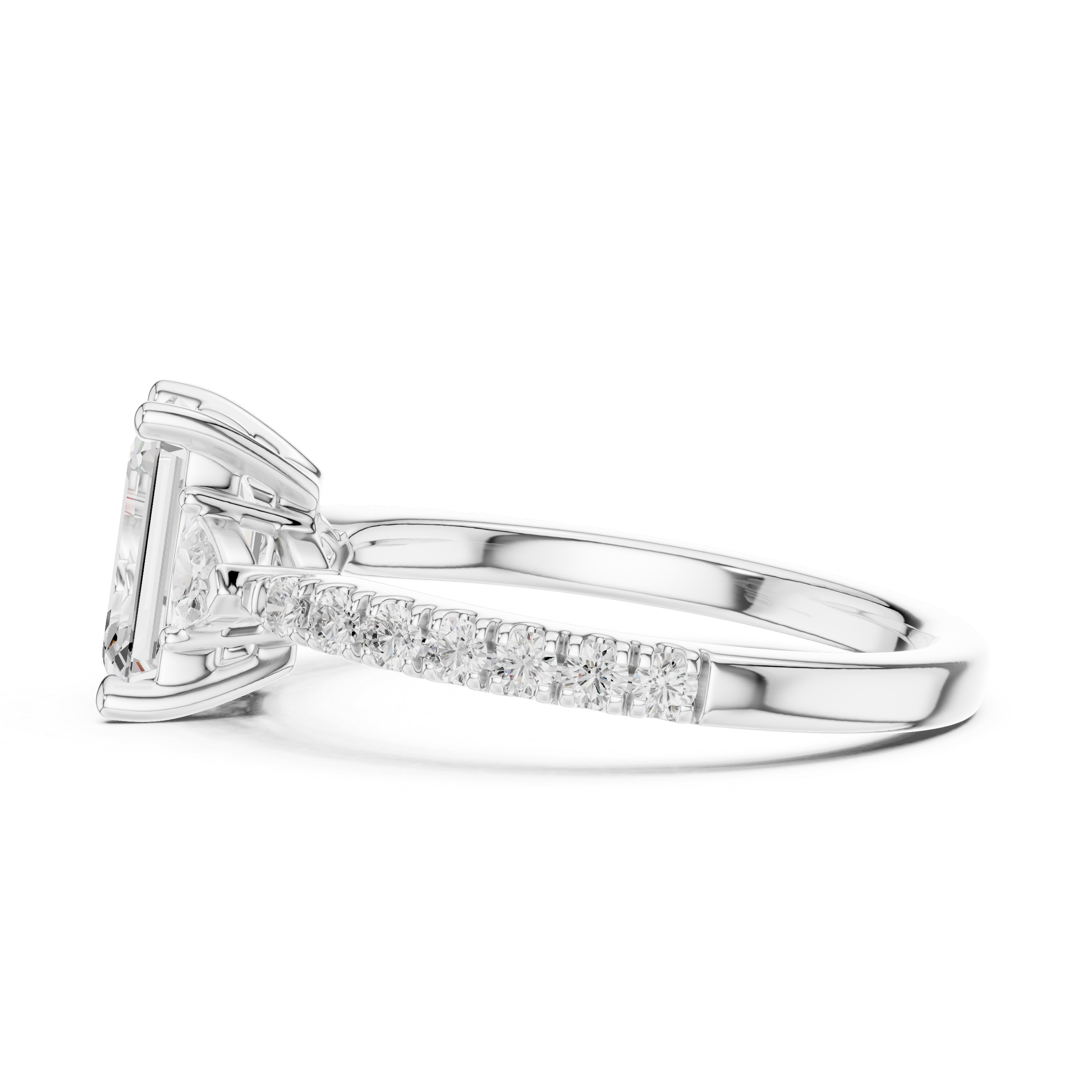 Emerald Cut Three Stone Diamond Ring |Trillion Side Stone Engagement Ring