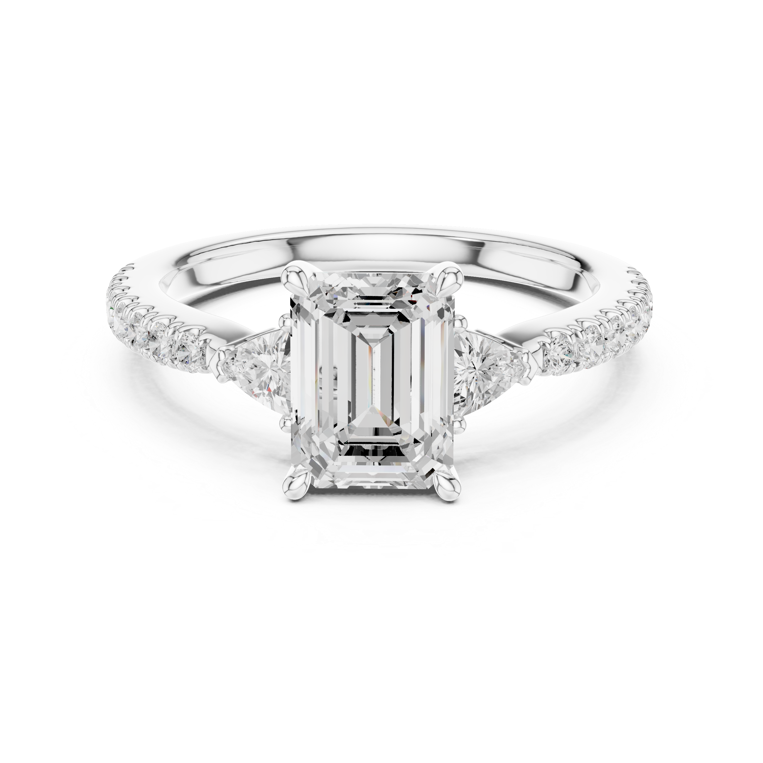 Emerald Cut Three Stone Diamond Ring |Trillion Side Stone Engagement Ring