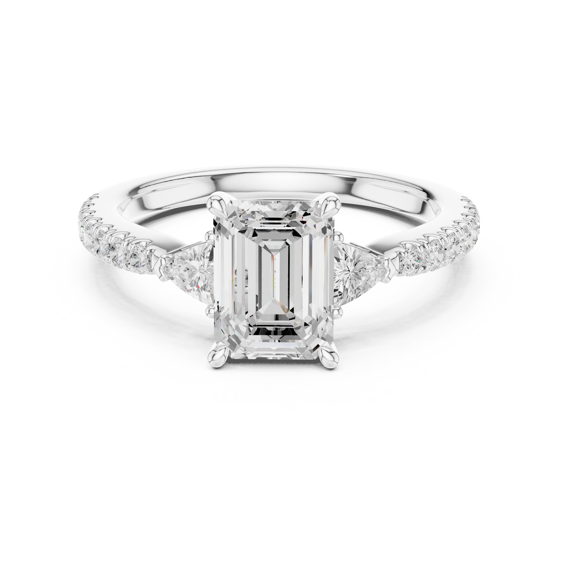 Emerald Cut Three Stone Diamond Ring |Trillion Side Stone Engagement Ring