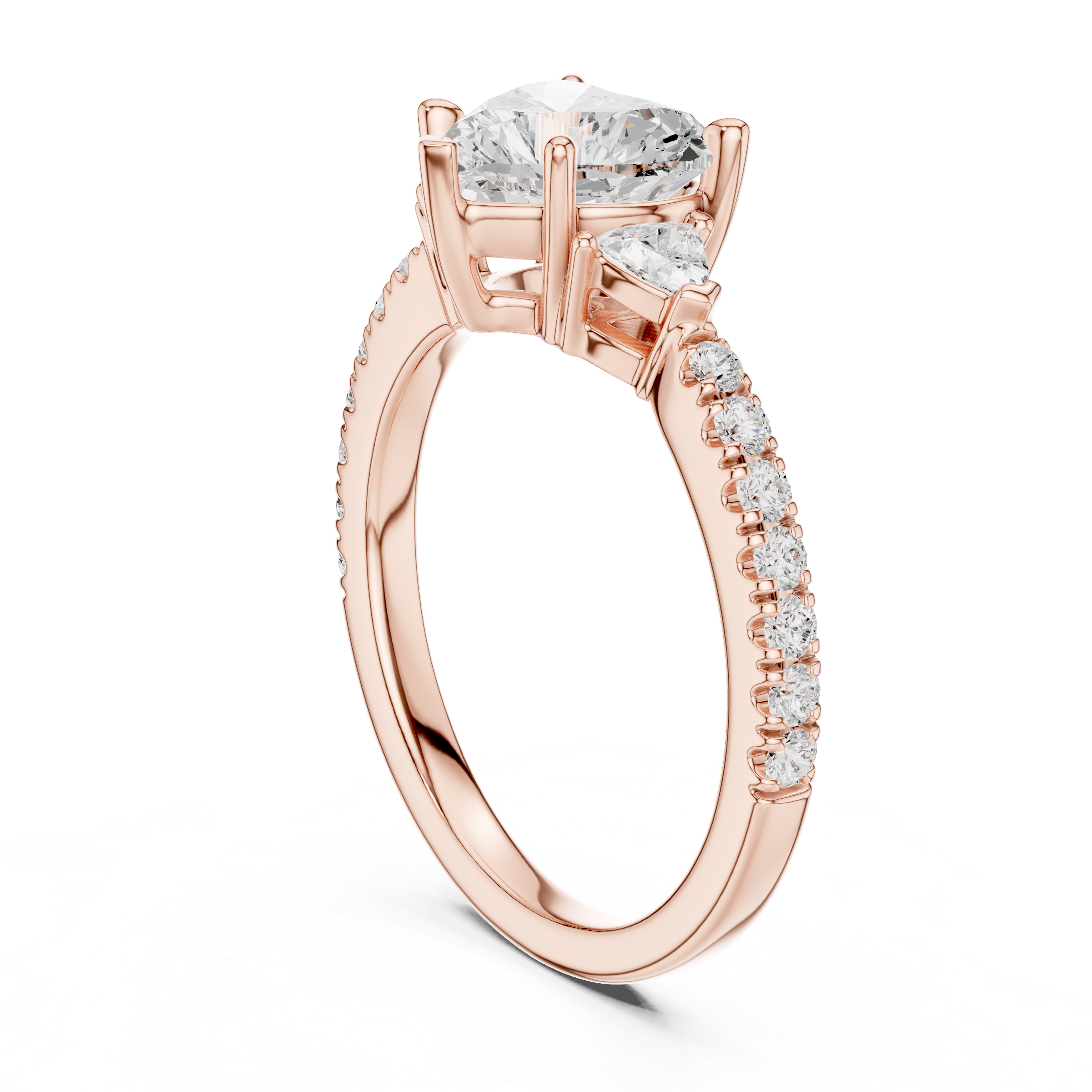 Sophisticated Heart Cut Diamond Ring – Three Stone Pave Band Design
