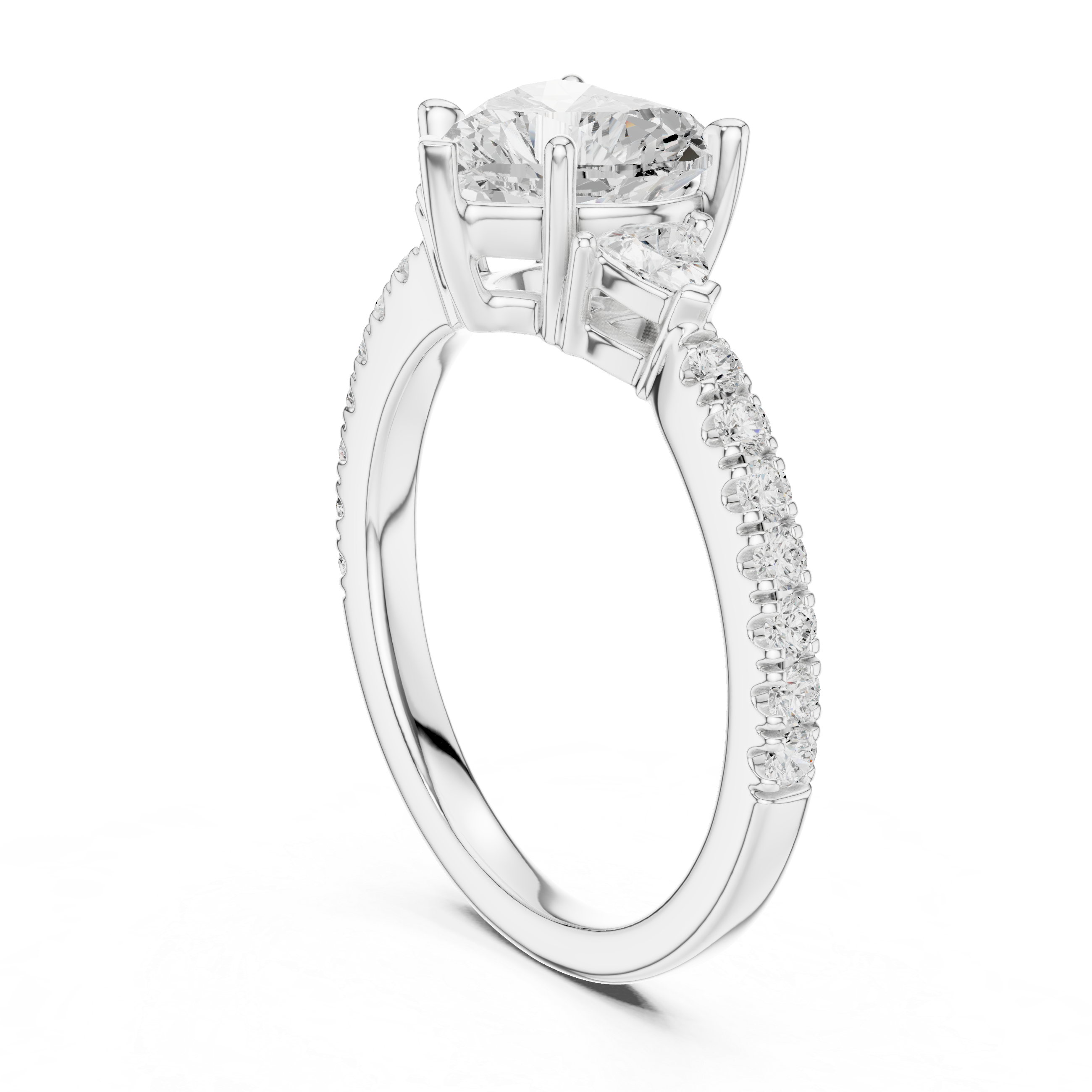 Sophisticated Heart Cut Diamond Ring – Three Stone Pave Band Design
