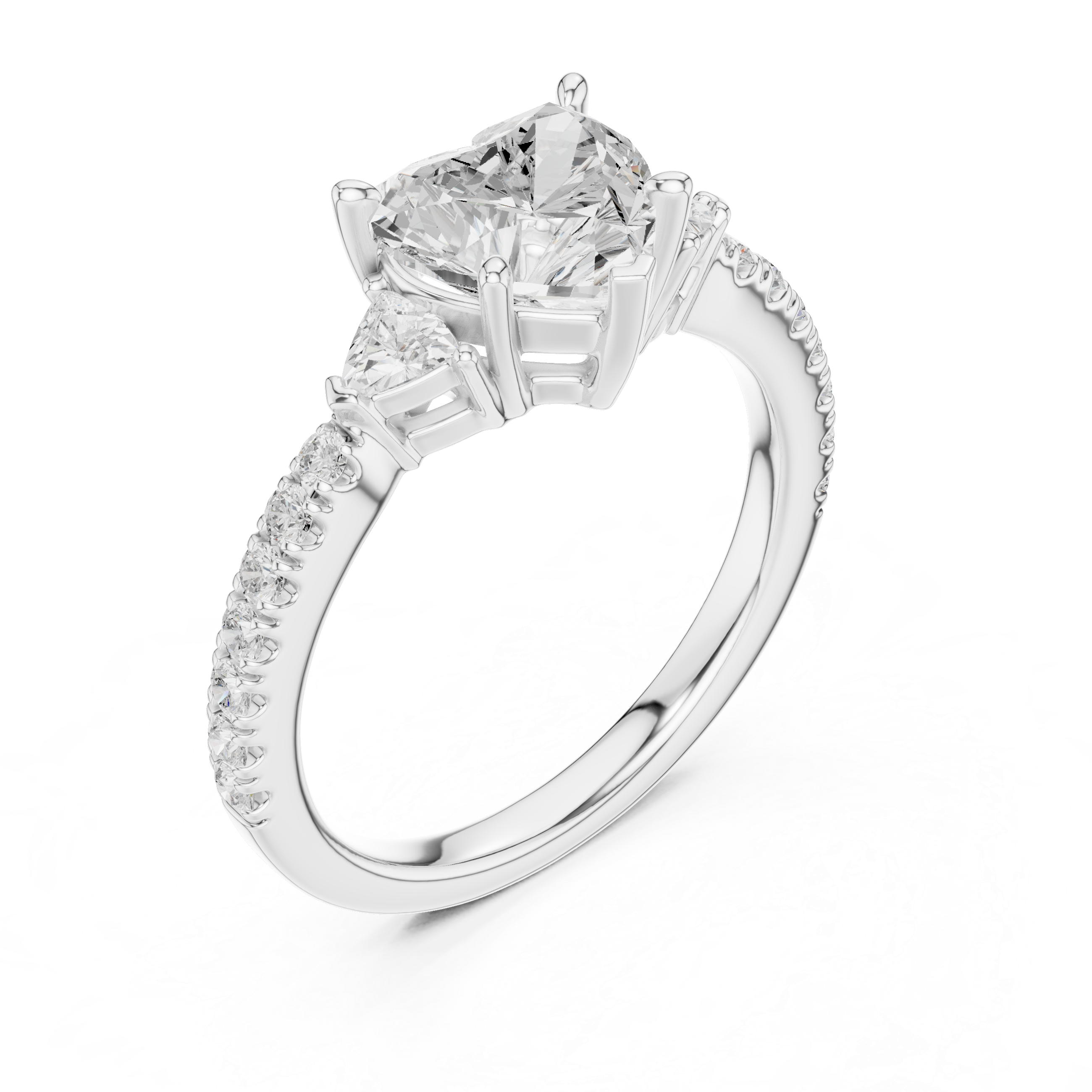 Sophisticated Heart Cut Diamond Ring – Three Stone Pave Band Design