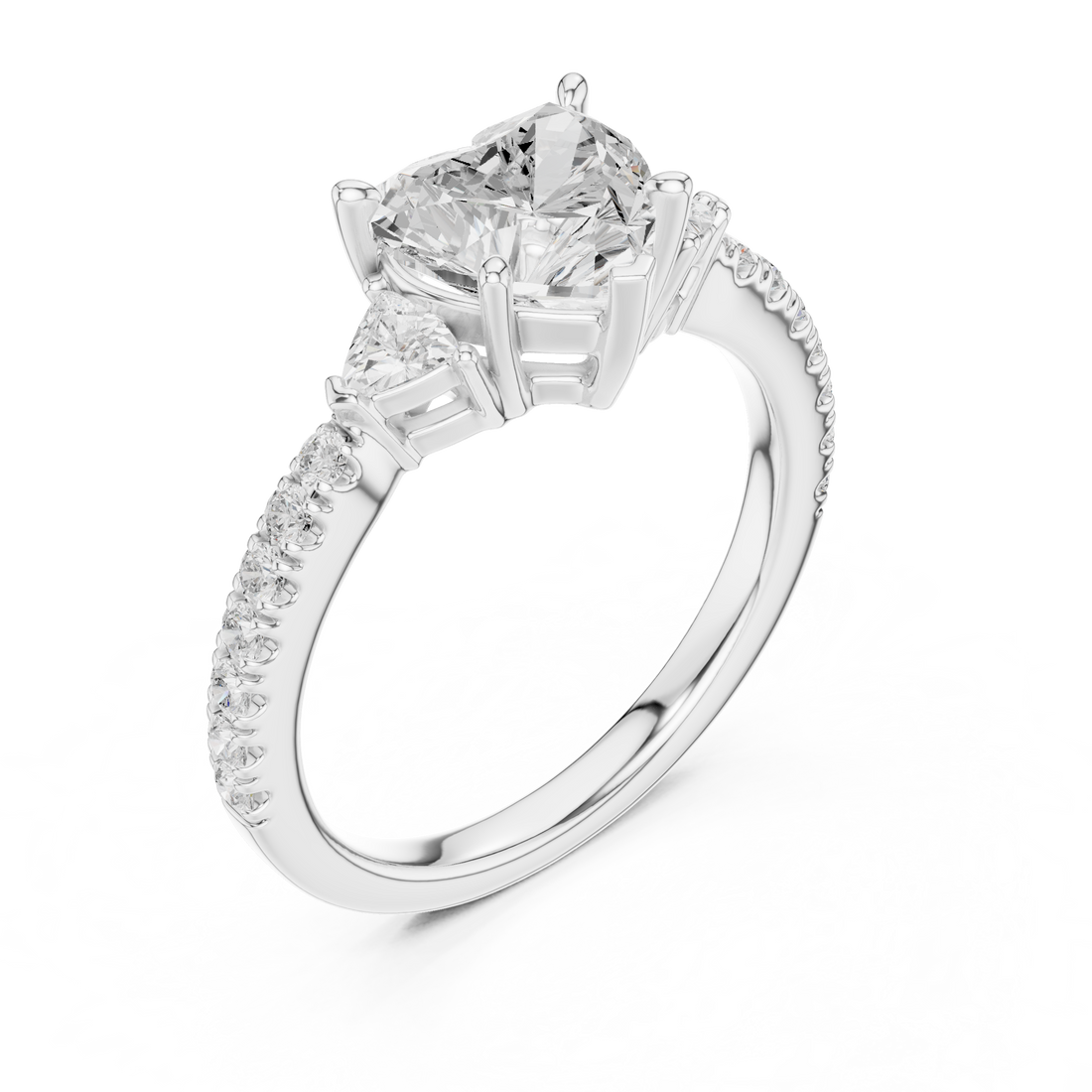 Sophisticated Heart Cut Diamond Ring – Three Stone Pave Band Design