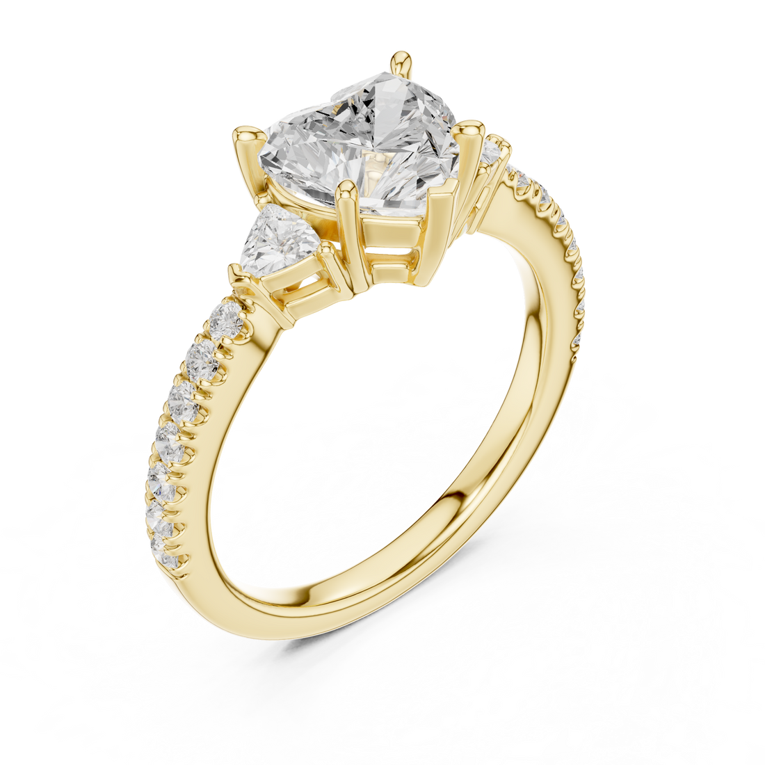 Sophisticated Heart Cut Diamond Ring – Three Stone Pave Band Design
