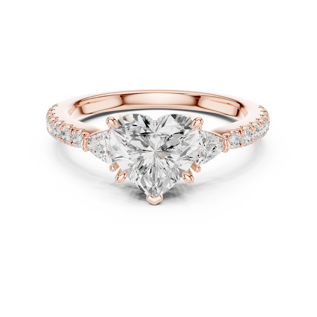Sophisticated Heart Cut Diamond Ring – Three Stone Pave Band Design