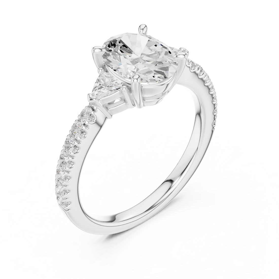 Premium Oval Cut Diamond Ring | Trillion Side & Pave Shank Style