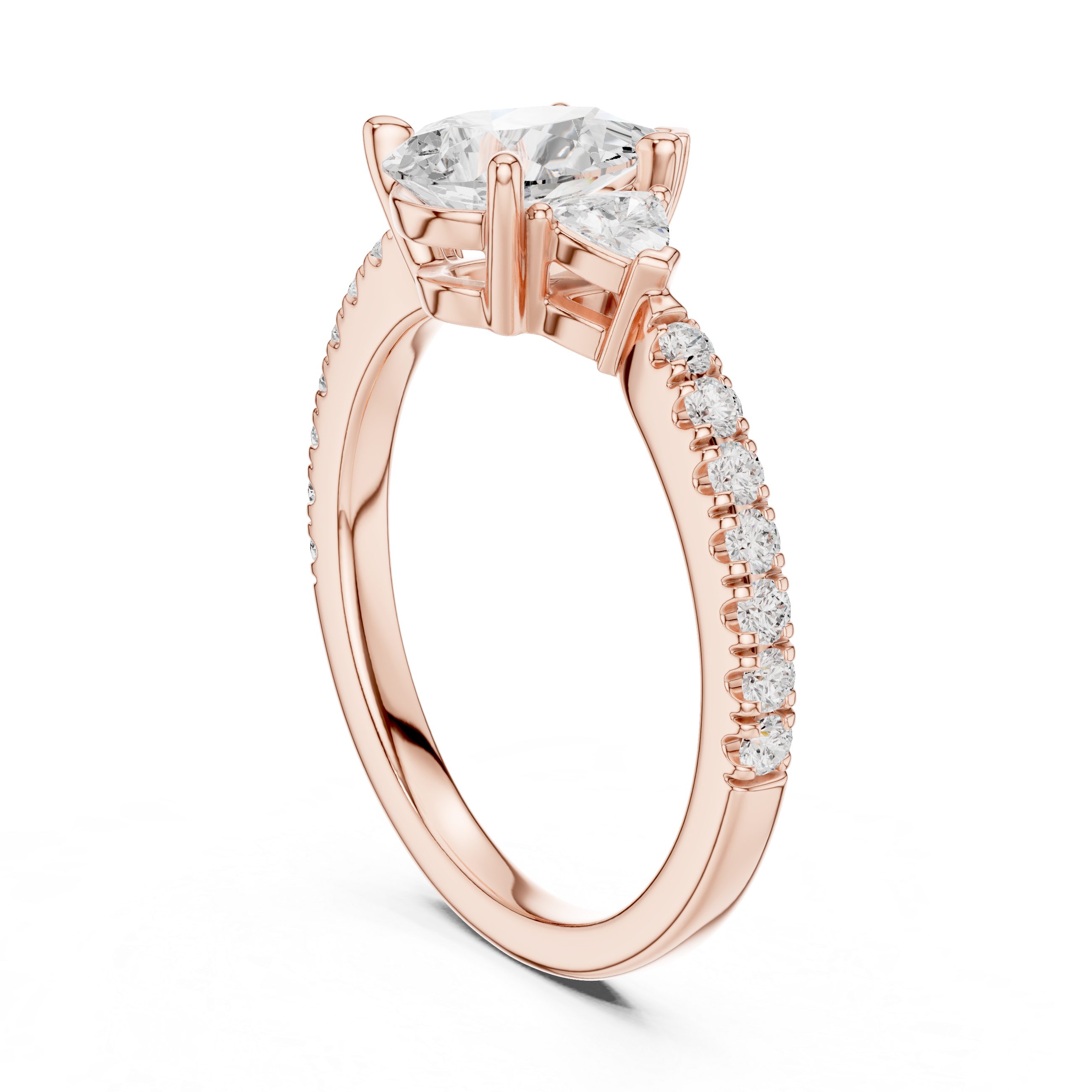 Three Stone Pear Cut Diamond Ring | Classic Trillion Accent Setting