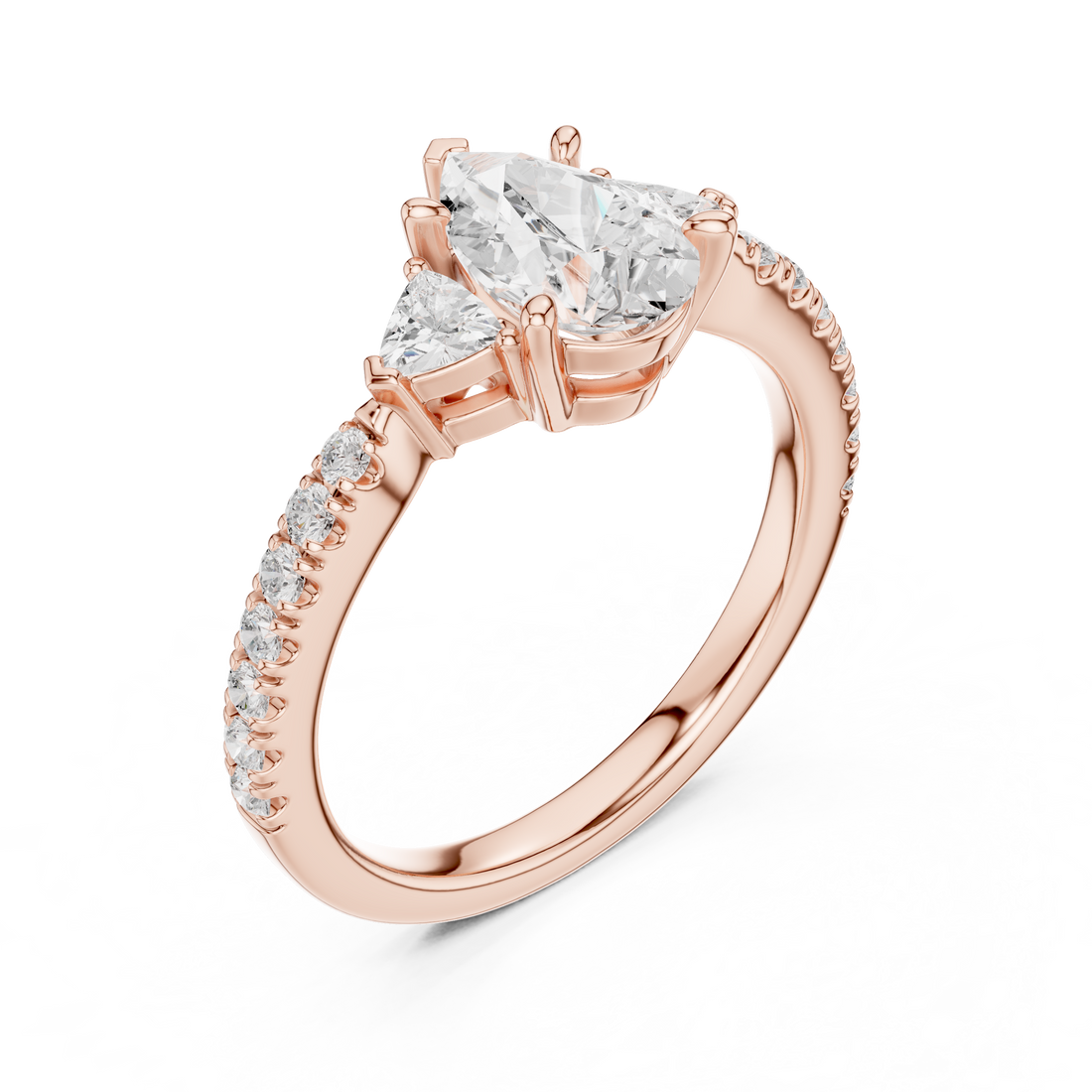 Three Stone Pear Cut Diamond Ring | Classic Trillion Accent Setting
