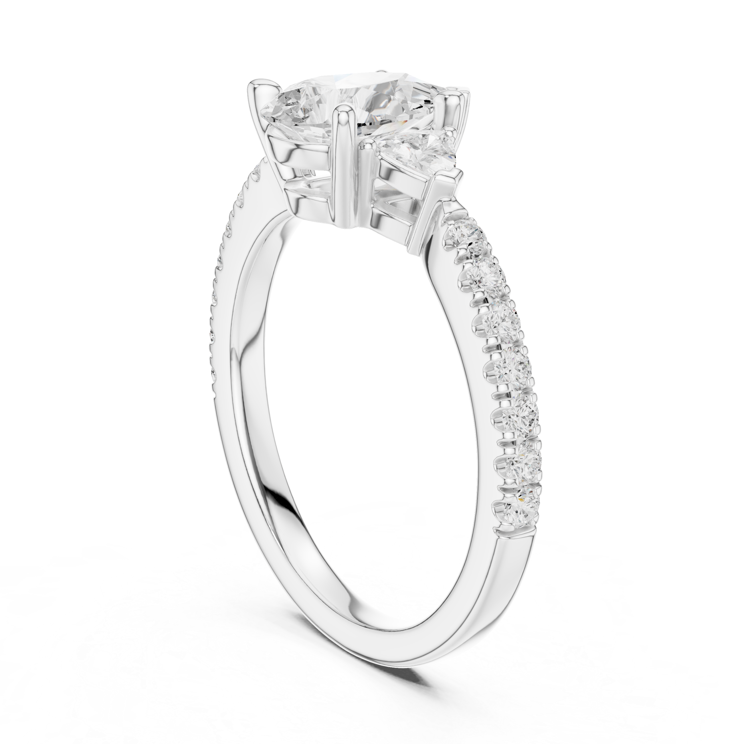 Three Stone Pear Cut Diamond Ring | Classic Trillion Accent Setting