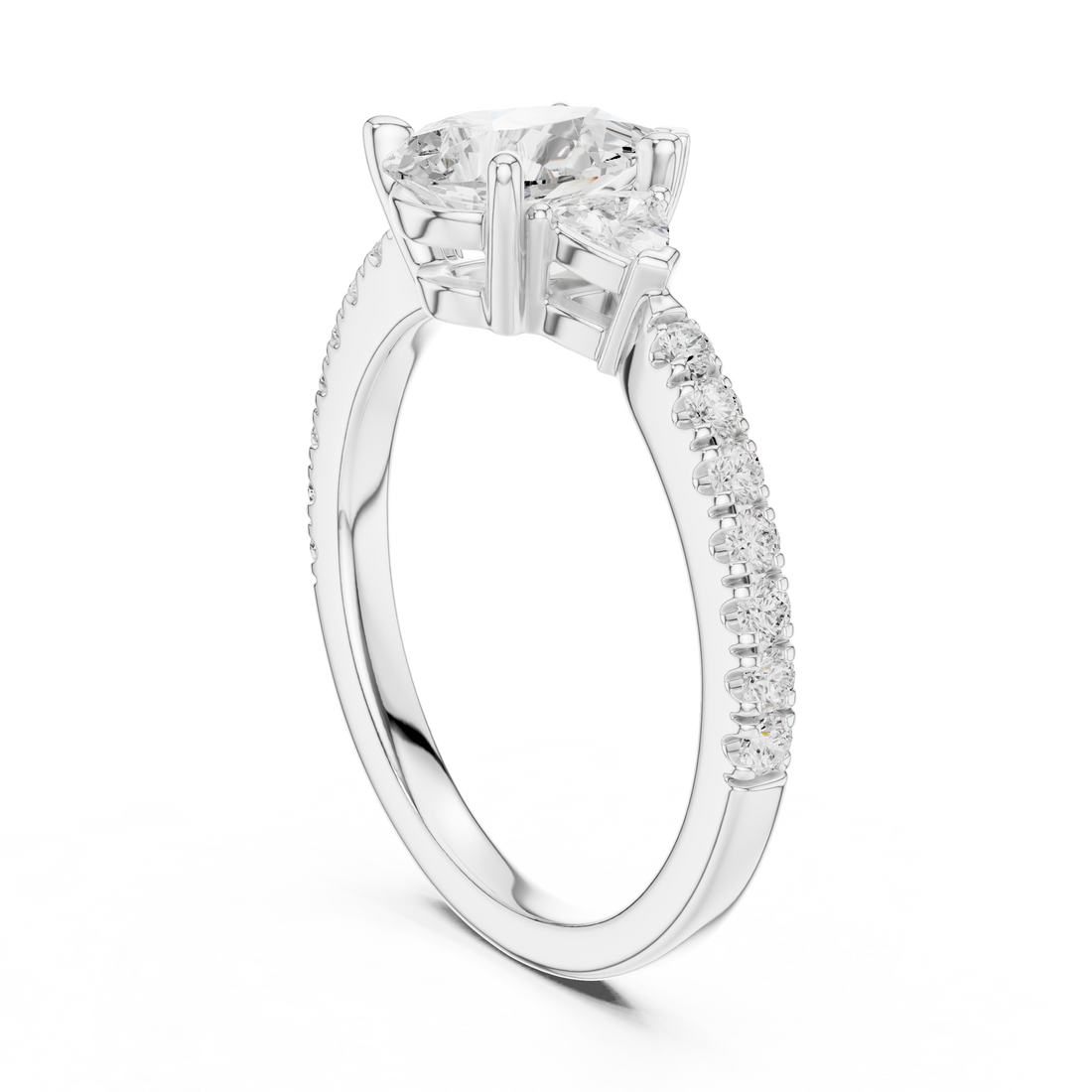 Three Stone Pear Cut Diamond Ring | Classic Trillion Accent Setting