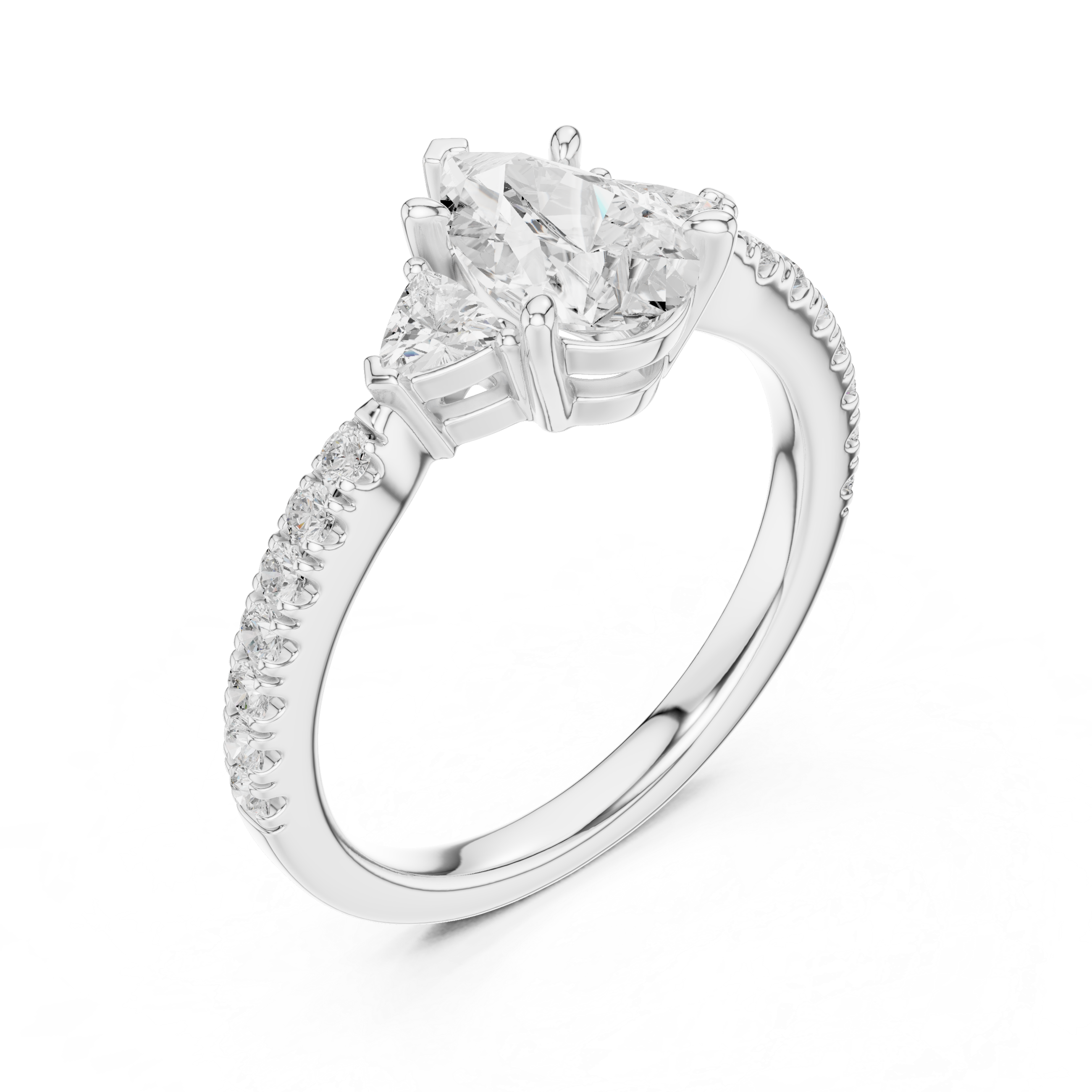 Three Stone Pear Cut Diamond Ring | Classic Trillion Accent Setting