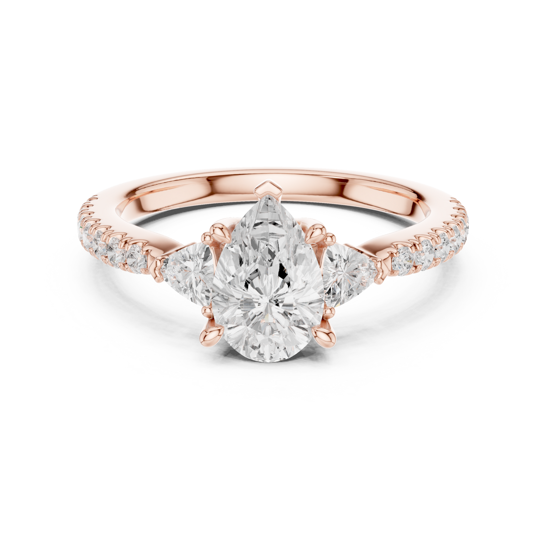 Three Stone Pear Cut Diamond Ring | Classic Trillion Accent Setting