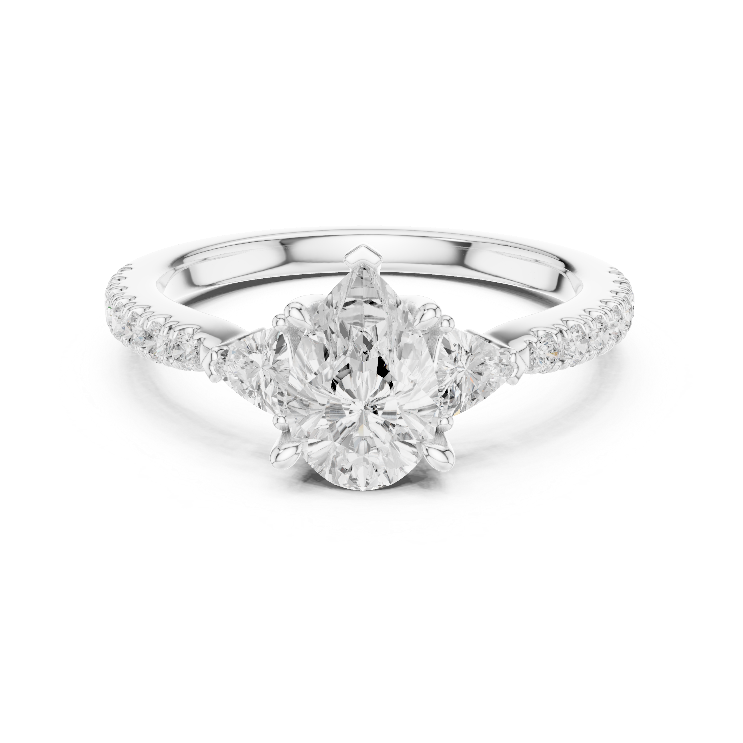 Three Stone Pear Cut Diamond Ring | Classic Trillion Accent Setting