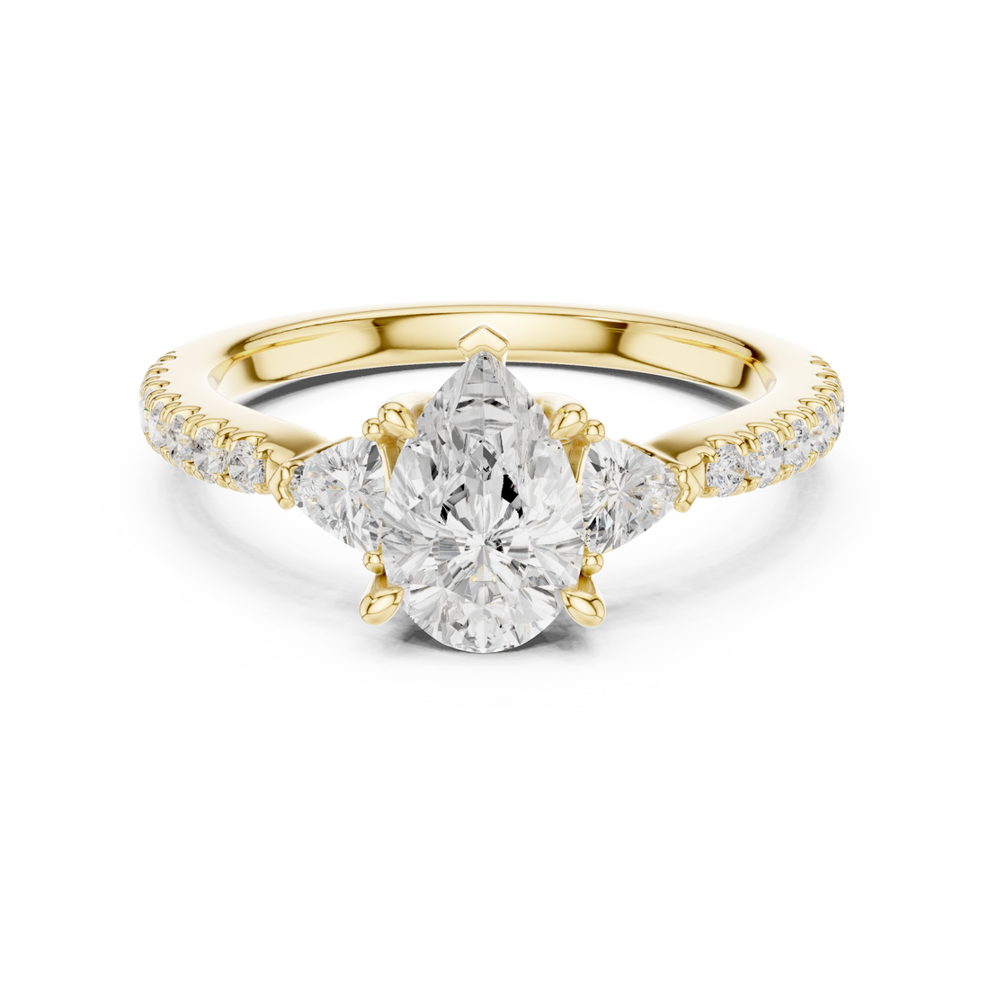 Three Stone Pear Cut Diamond Ring | Classic Trillion Accent Setting