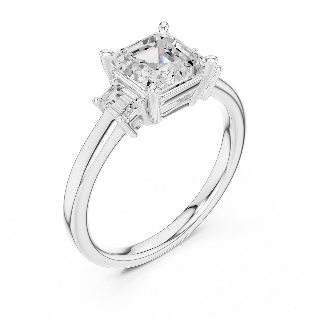 Modern Asscher Cut Diamond Ring | Emerald Side Stones Minimal Band